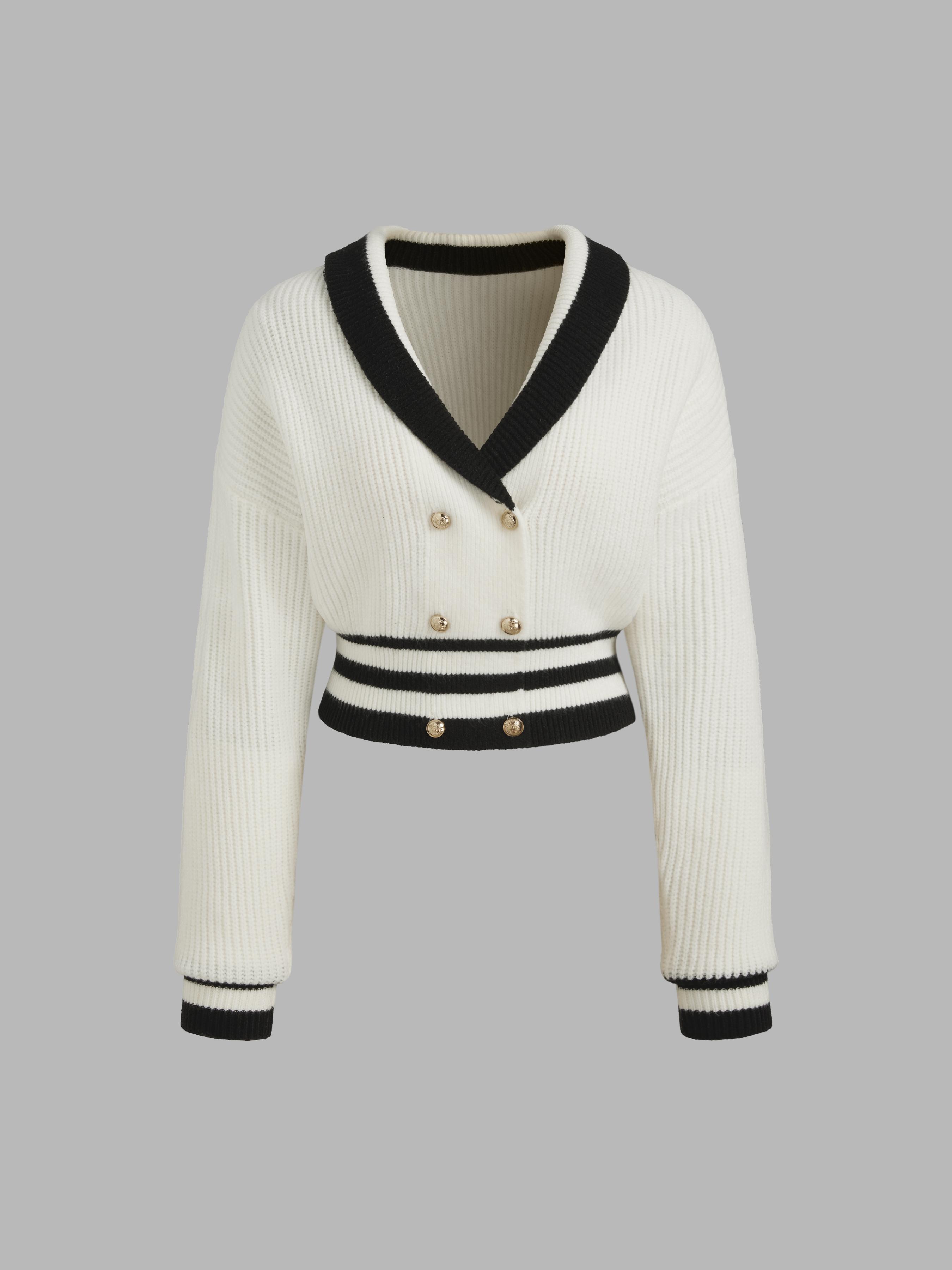 Knit V-neck Solid Button Contrasting Binding Cardigan by CIDER