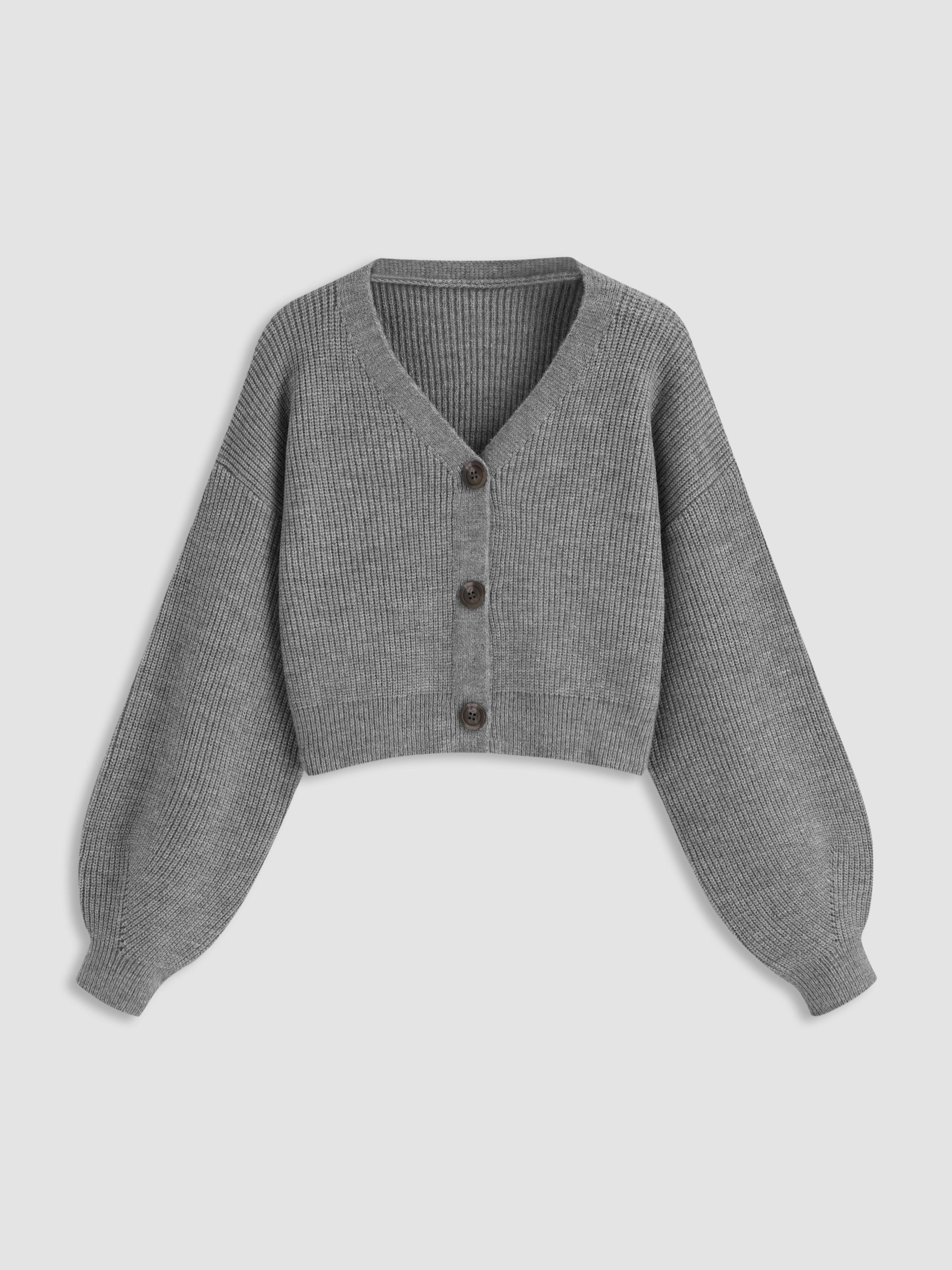 Knit V-neck Solid Button Crop Cardigan by CIDER