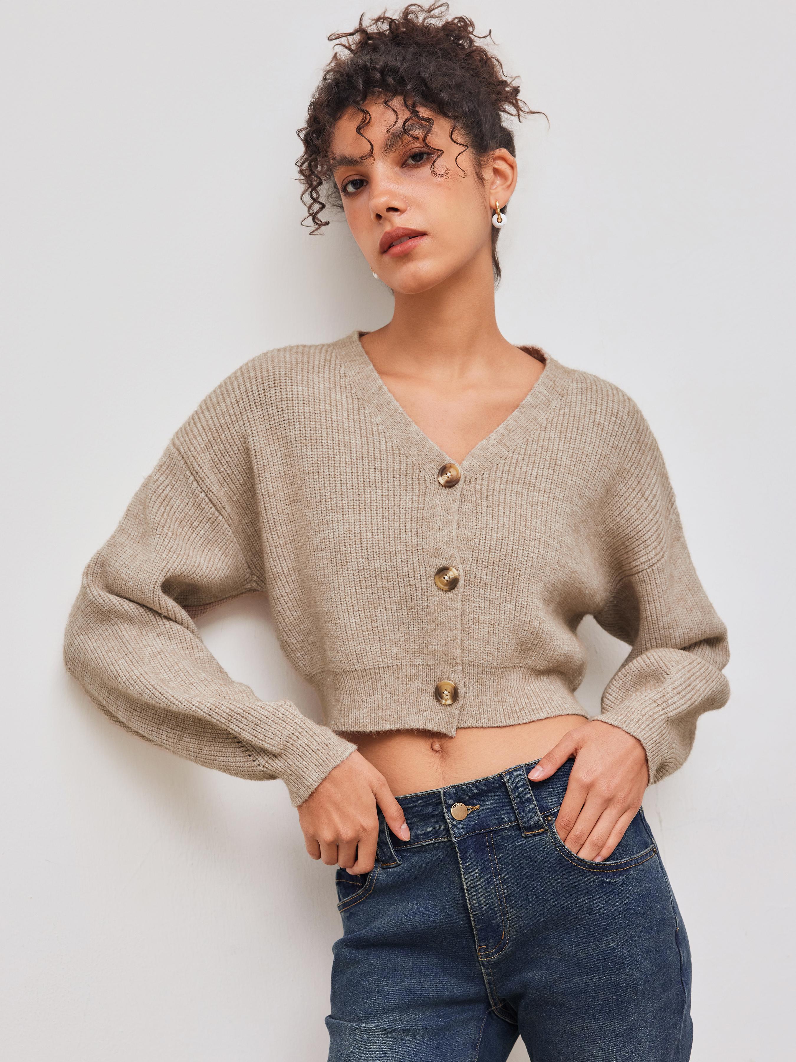 Knit V-neck Solid Button Crop Cardigan by CIDER