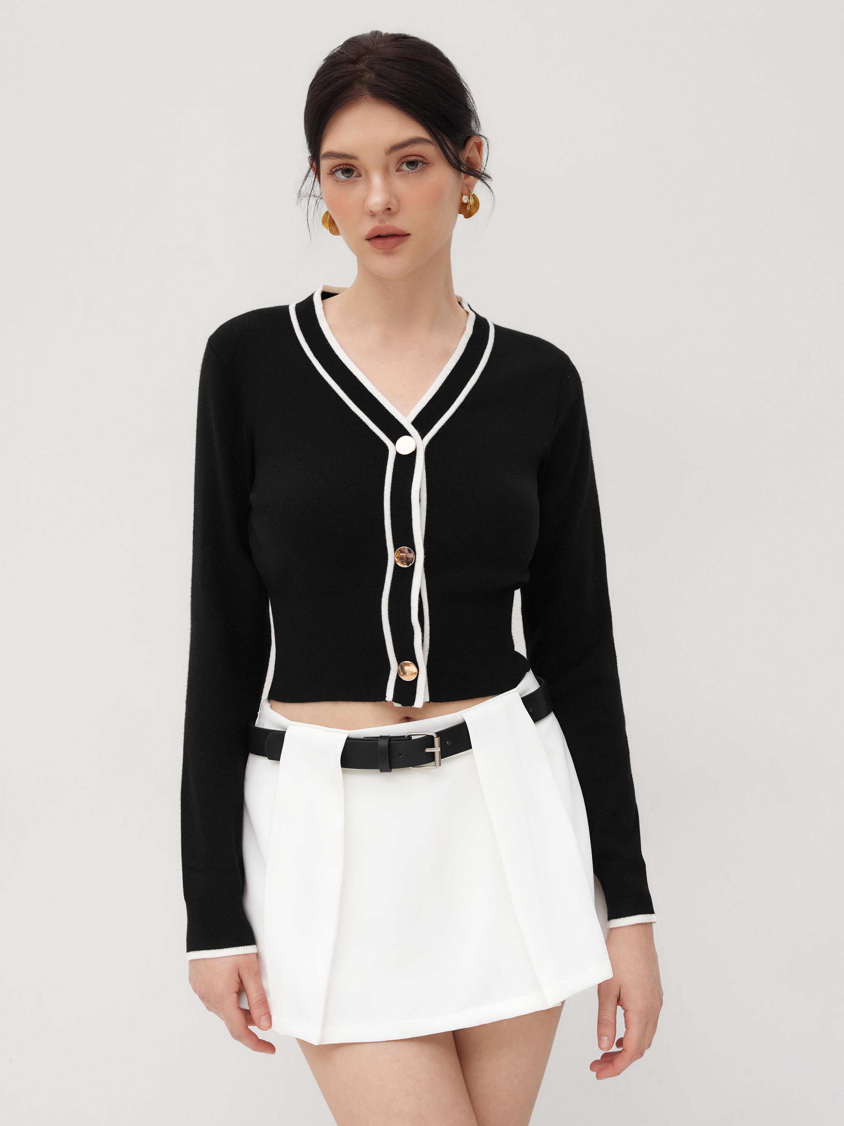 Knit V-neck Solid Contrasting Binding Button Cardigan by CIDER