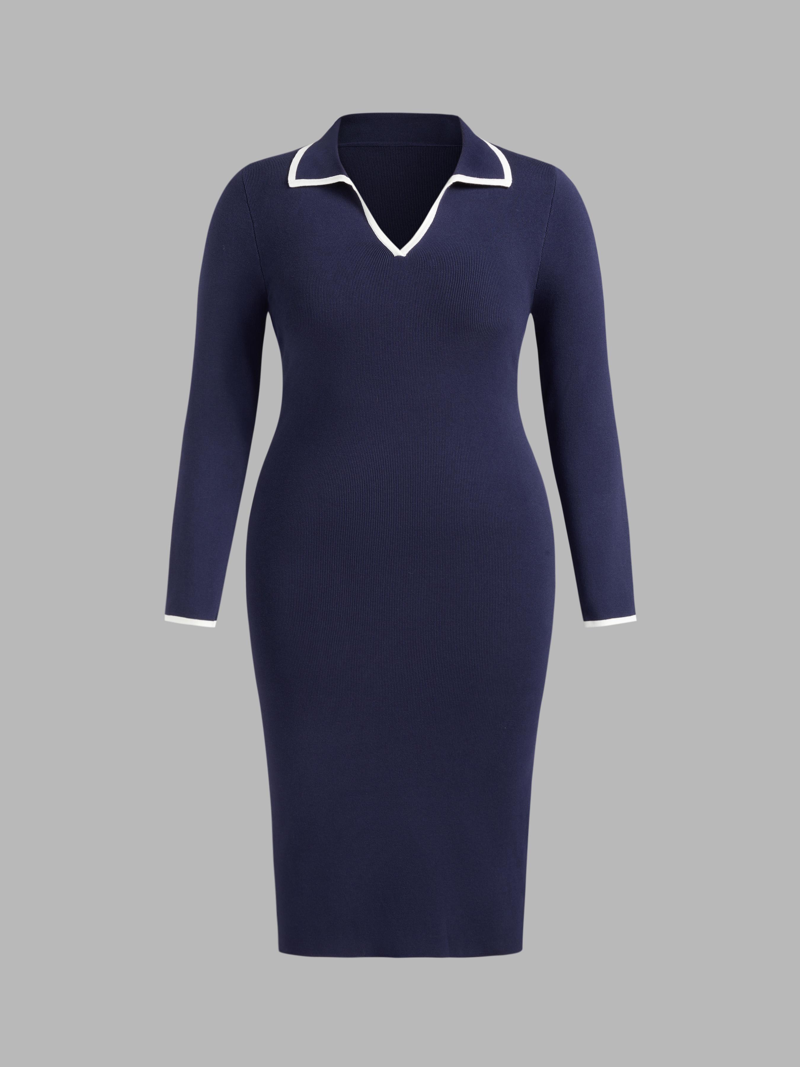 Knit V-neck Solid Contrasting Binding Midi Dress Curve & Plus by CIDER