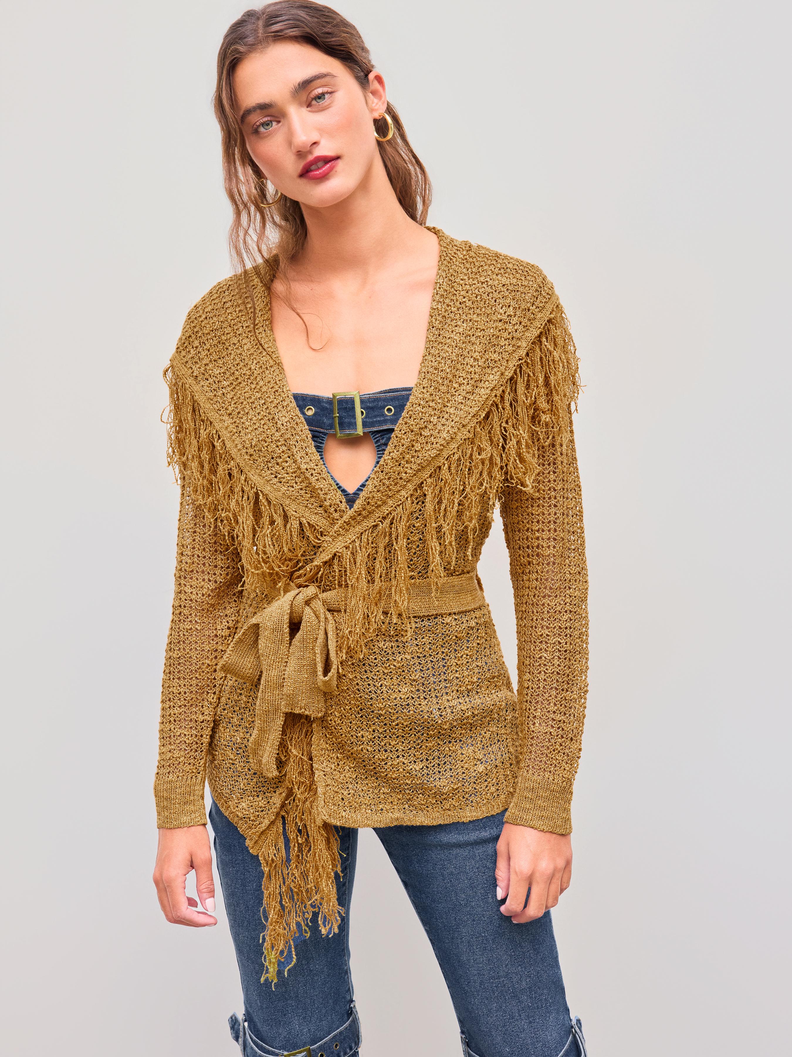 Knit V-neck Solid Fringe Hollow Out Knotted Cardigan by CIDER