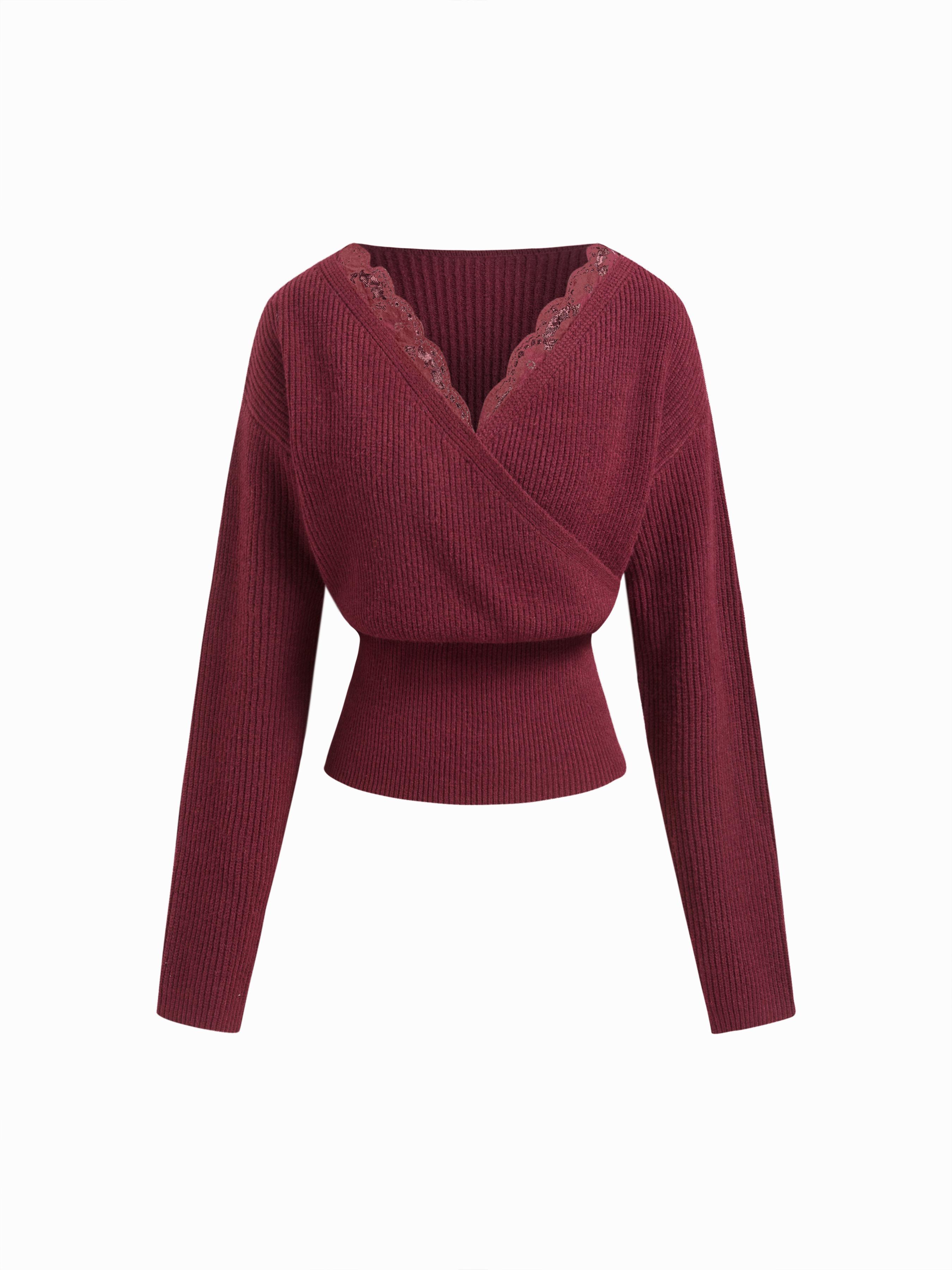 Knit V-neck Solid Lace Trim Wrap Long Sleeve Top by CIDER