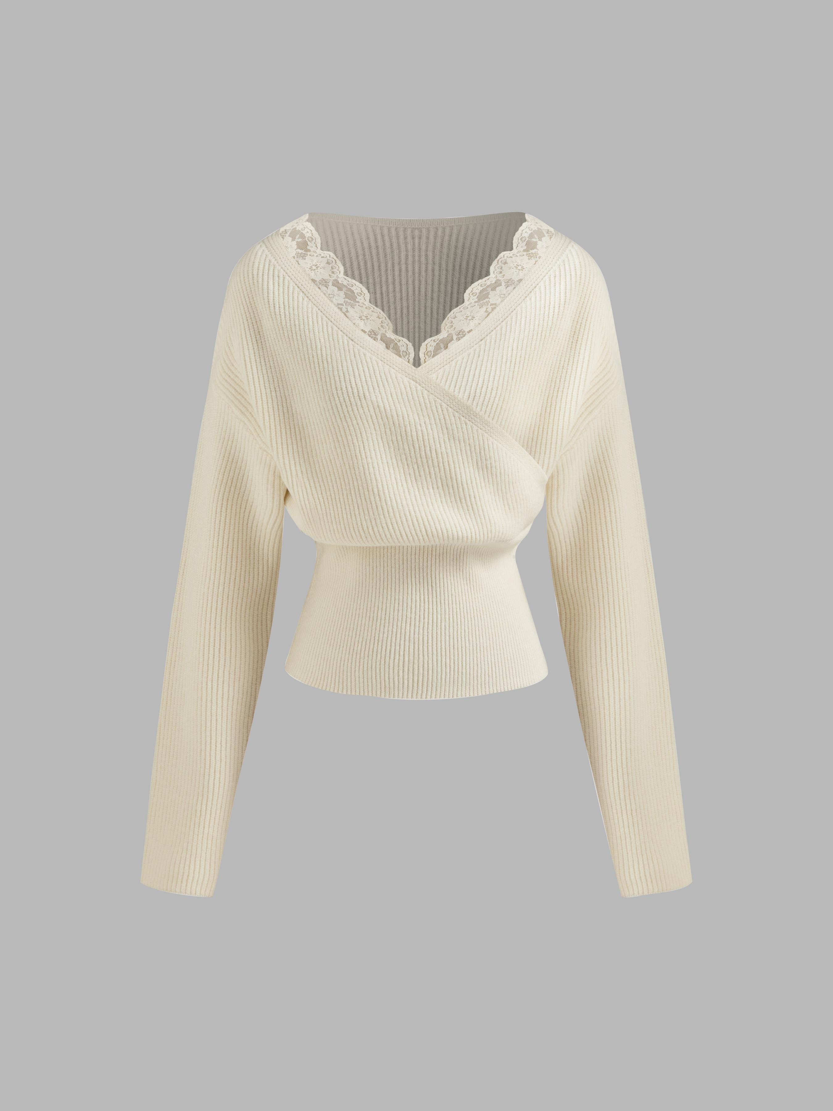 Knit V-neck Solid Lace Trim Wrap Long Sleeve Top by CIDER