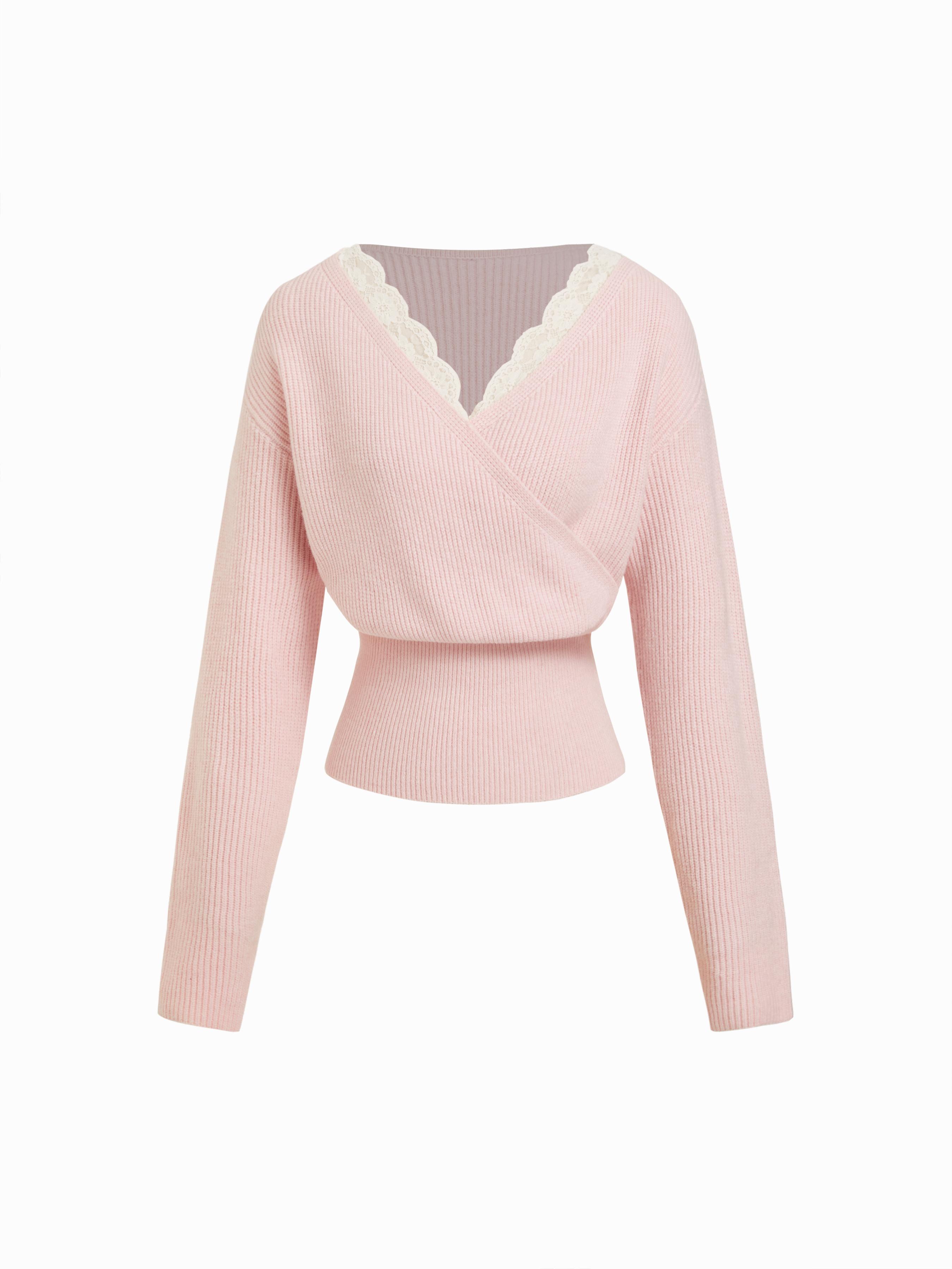 Knit V-neck Solid Lace Trim Wrap Long Sleeve Top by undefined Knit V-neck Solid Lace Trim Wrap Long Sleeve Top by undefined
