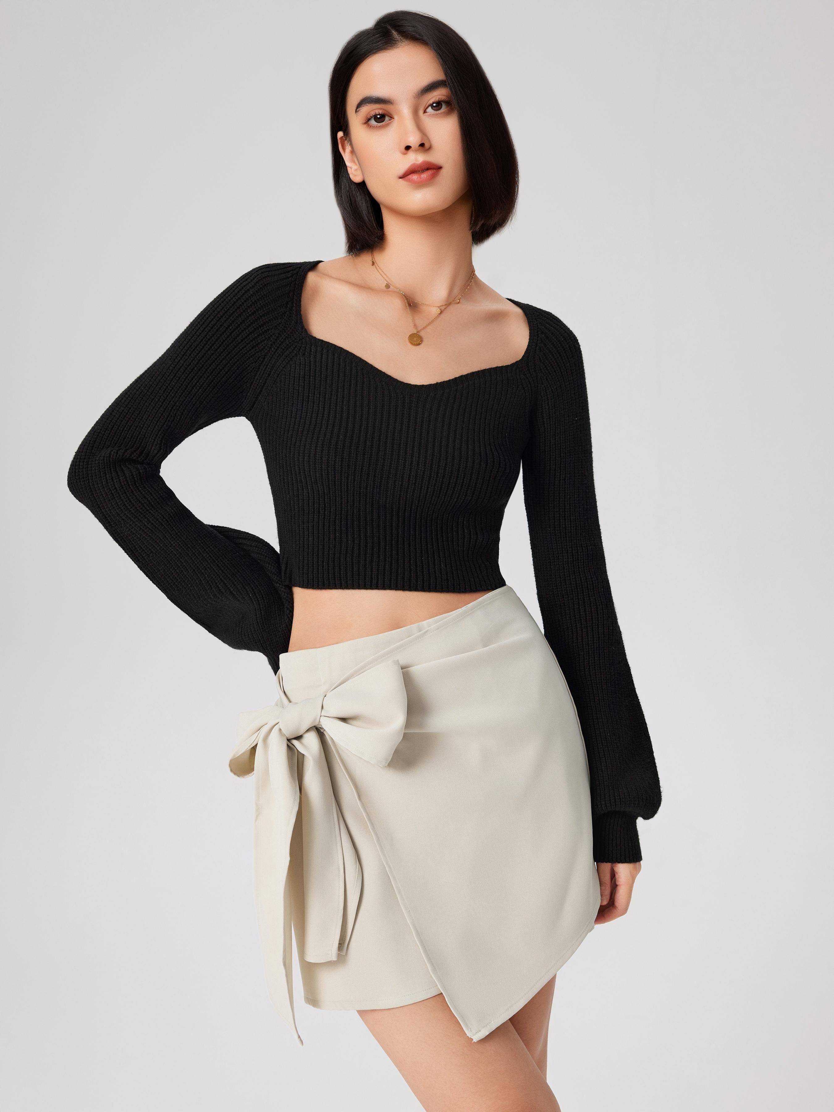 Knit V-neck Solid Lantern Sleeve Crop Top by CIDER