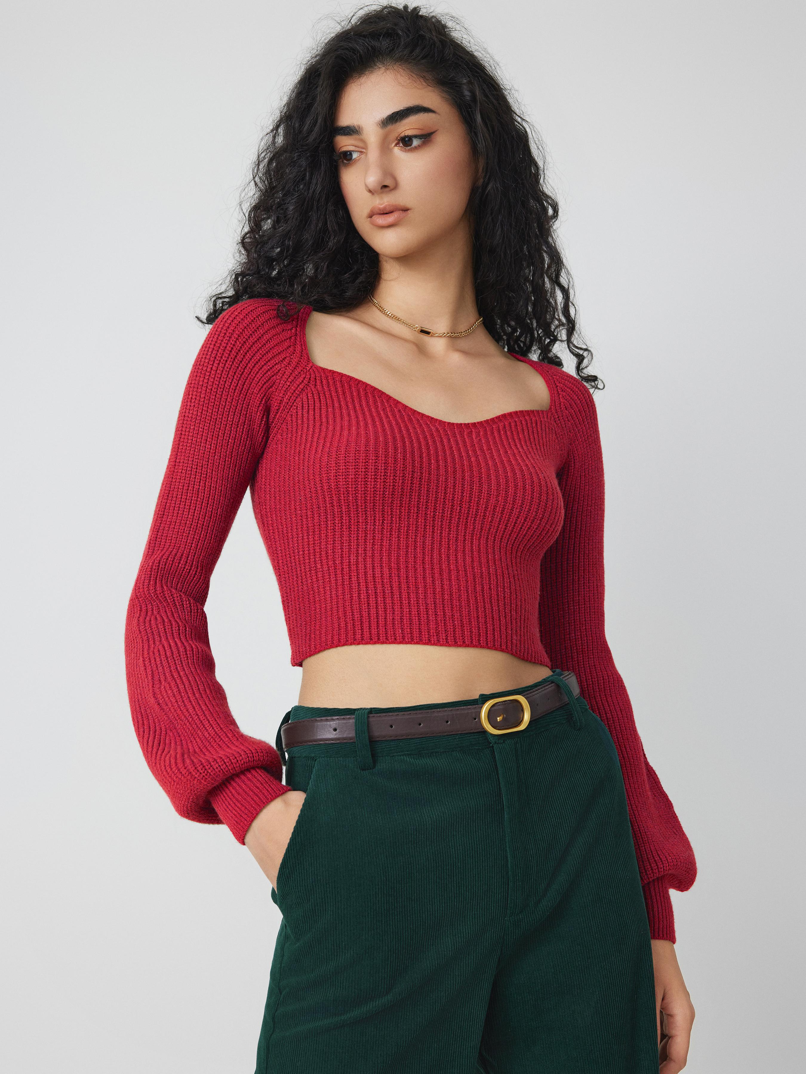 Knit V-neck Solid Lantern Sleeve Crop Top by CIDER