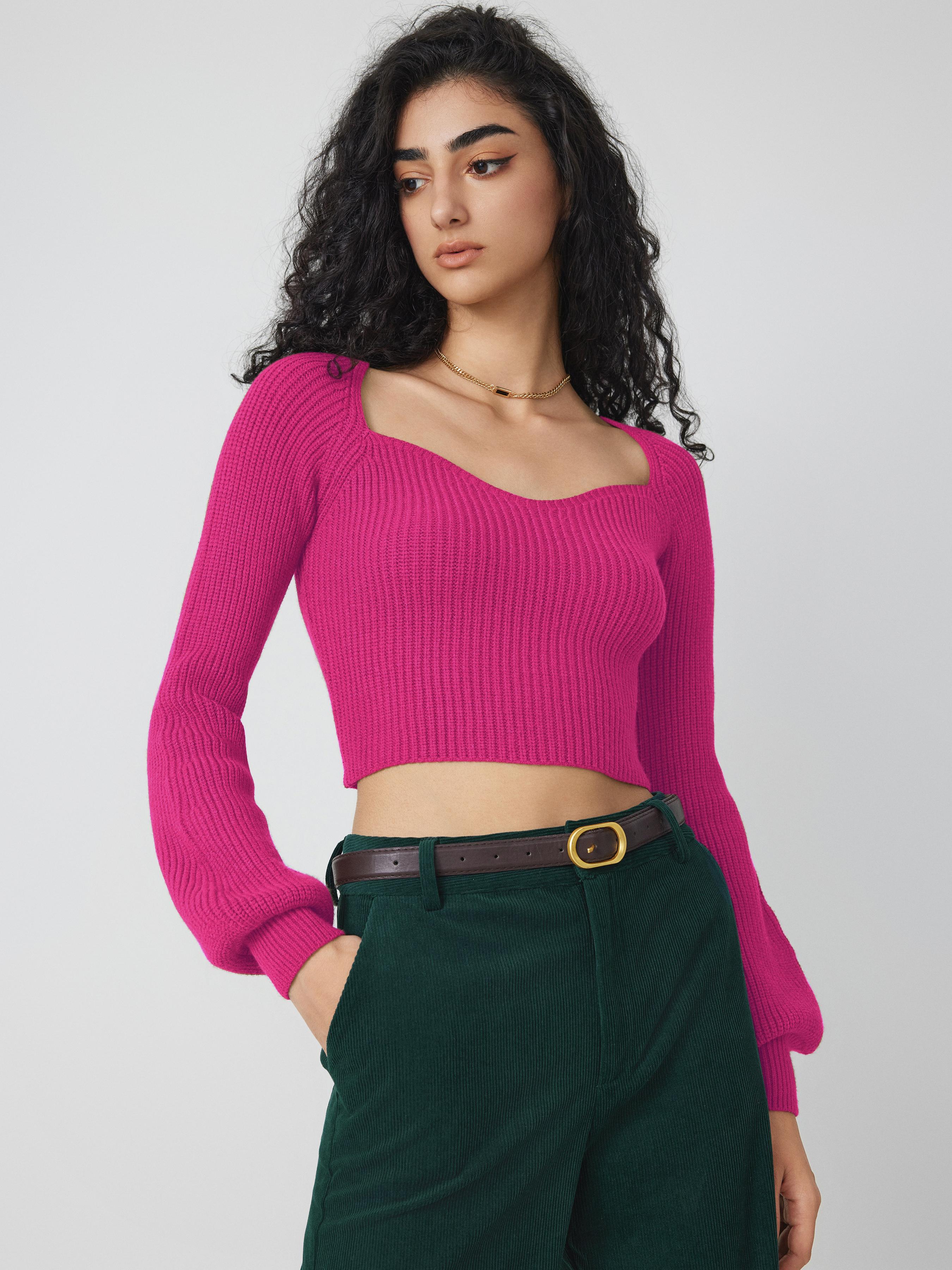 Knit V-neck Solid Lantern Sleeve Crop Top by CIDER Knit V-neck Solid Lantern Sleeve Crop Top by CIDER