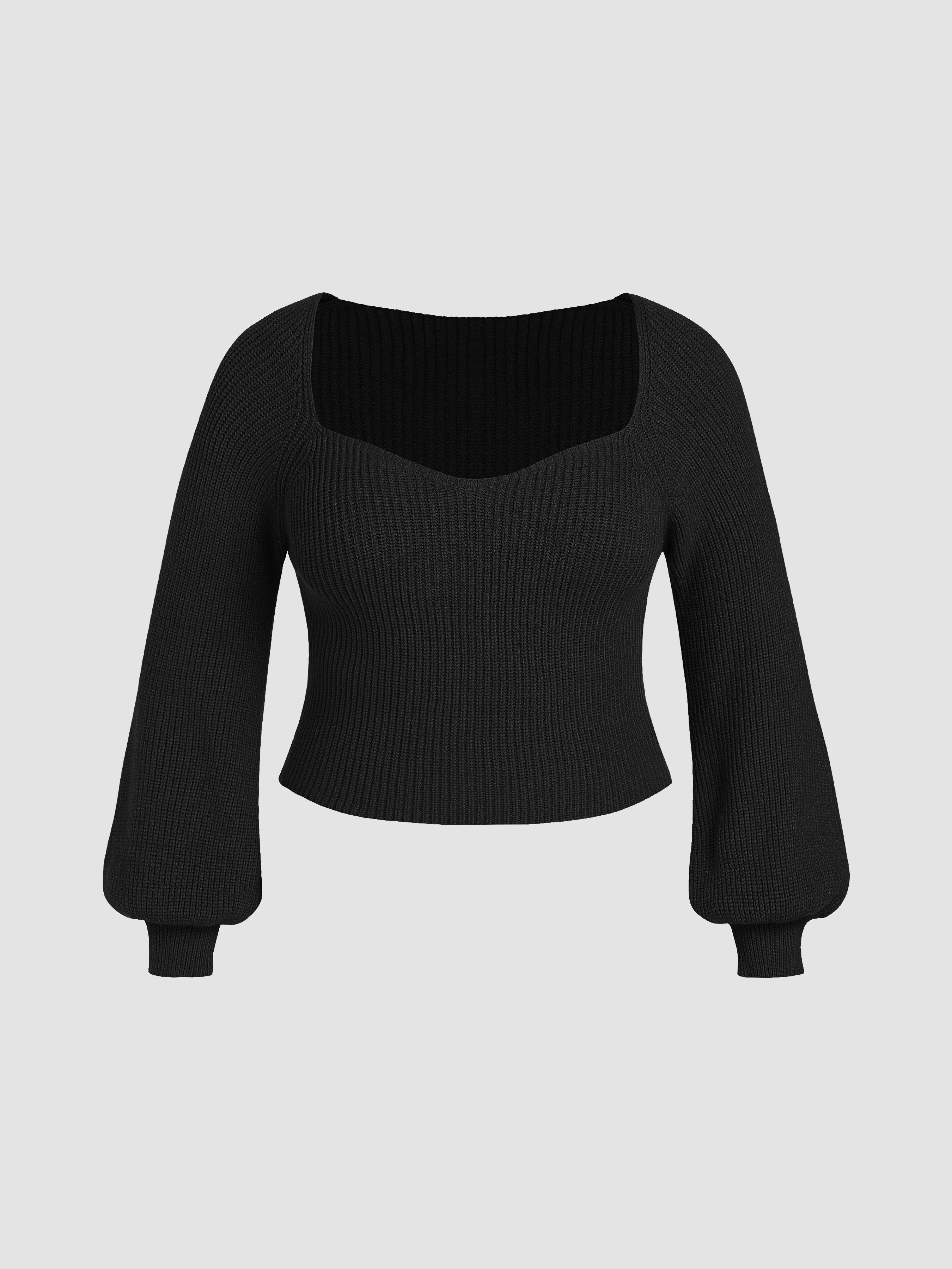 Knit V-neck Solid Lantern Sleeve Top Curve & Plus by CIDER