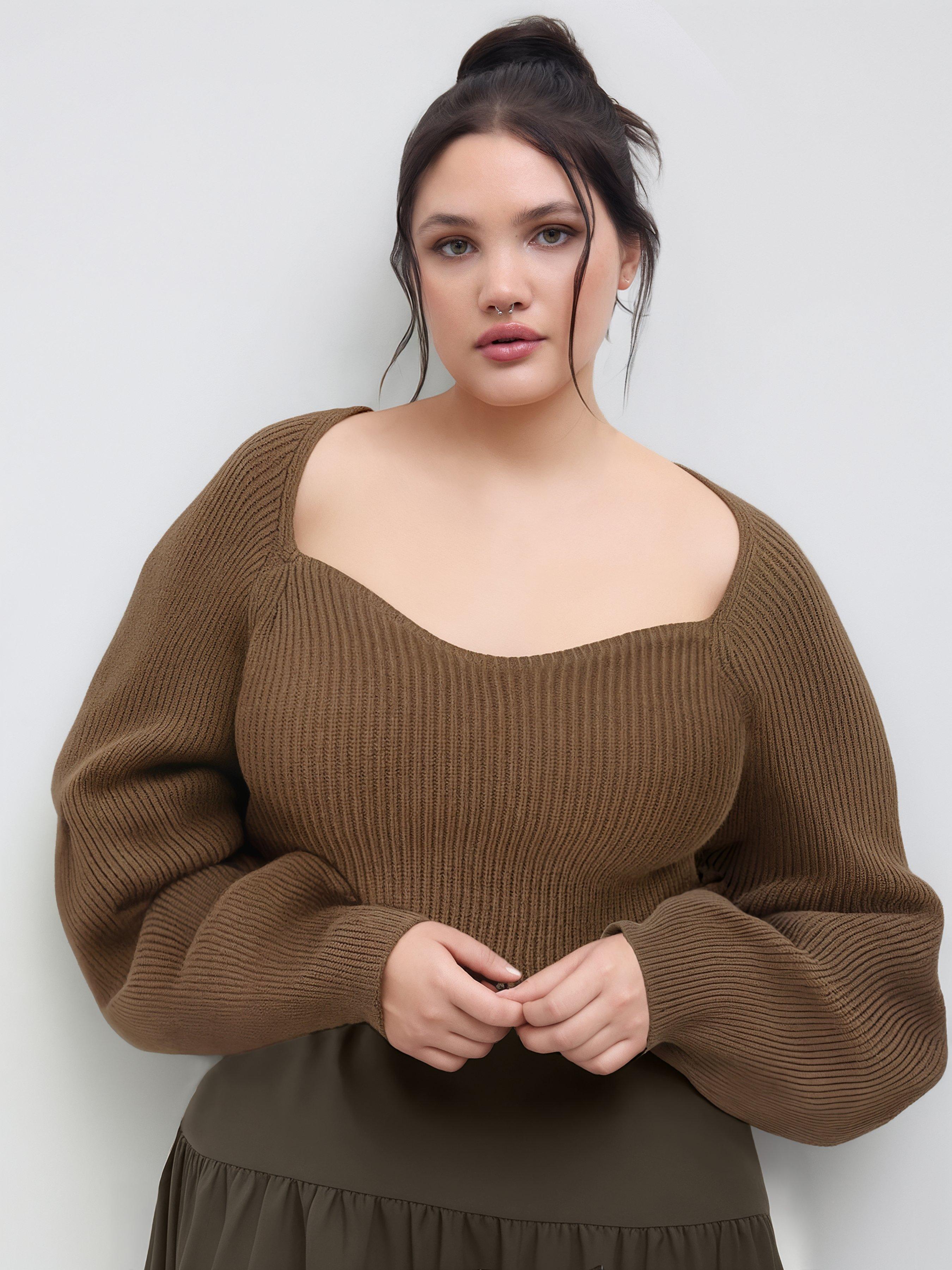 Knit V-neck Solid Lantern Sleeve Top Curve & Plus by CIDER