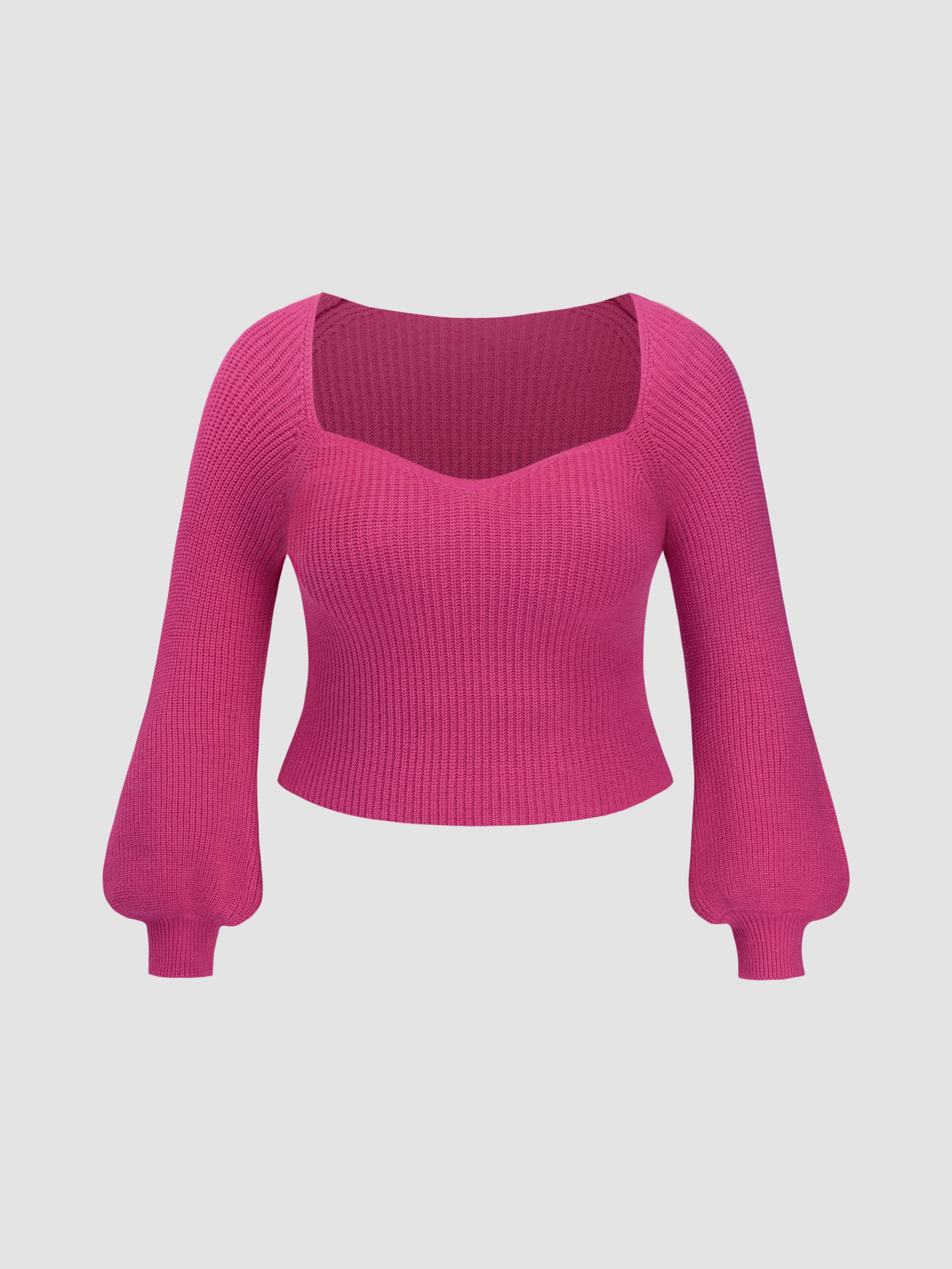 Knit V-neck Solid Lantern Sleeve Top Curve & Plus by CIDER