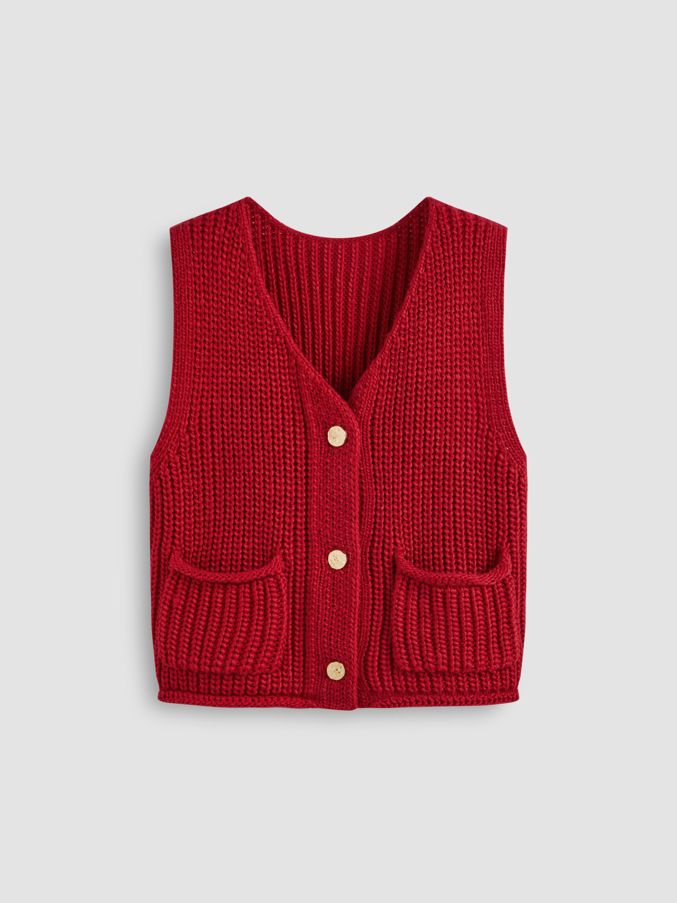 Knit V-neck Solid Metal Button Pocket Crop Vest by CIDER