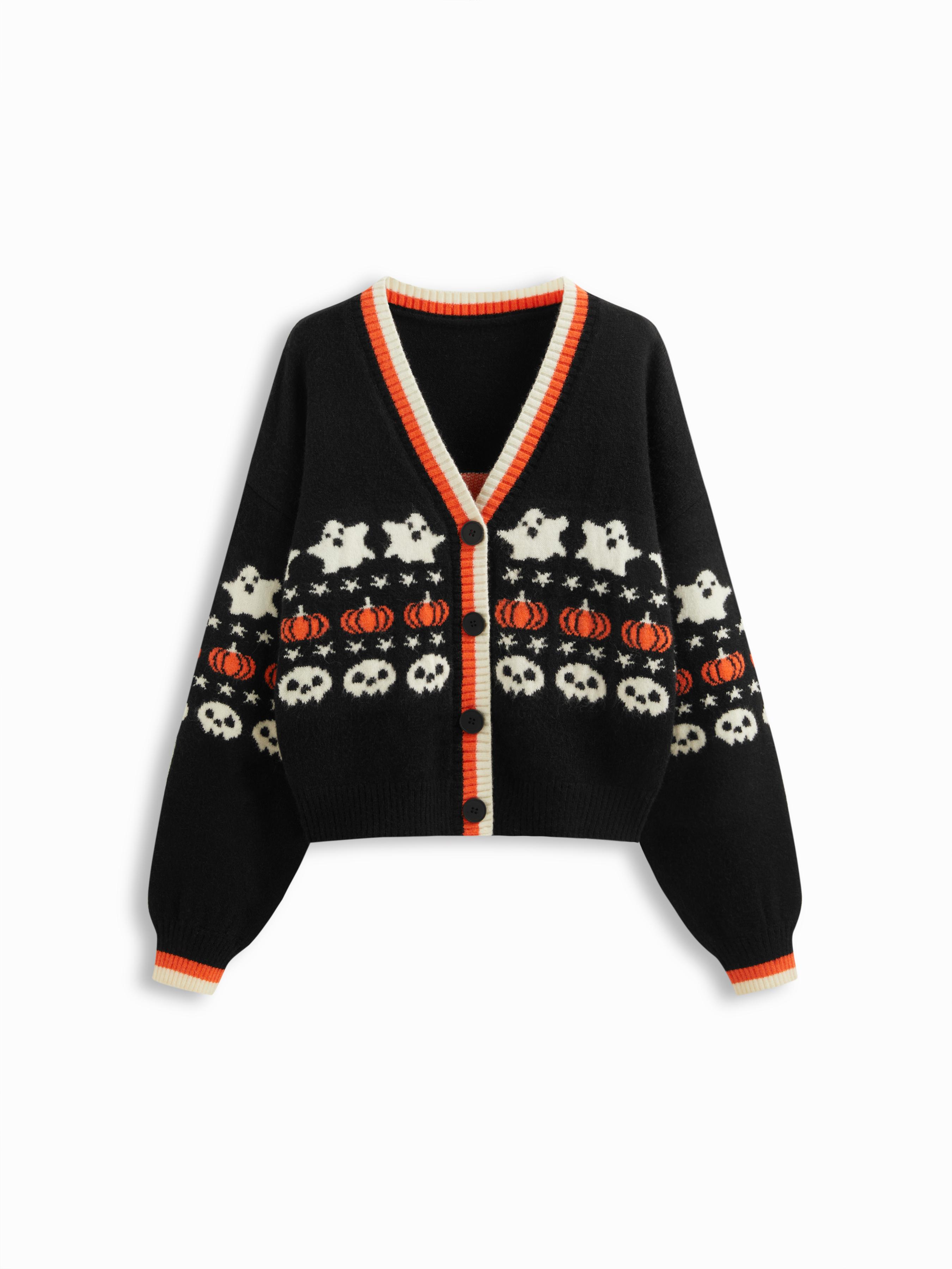 Knit V-neck Star Pumpkin Ghost Contrasting Binding Oversized Cardigan by CIDER