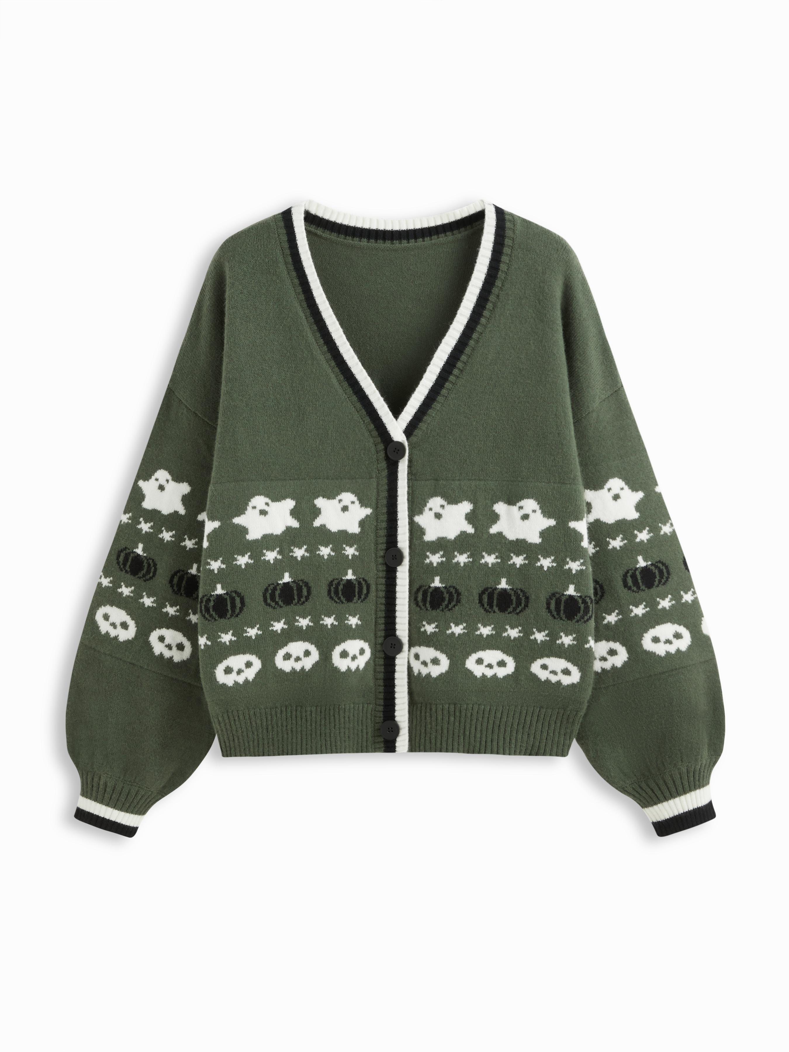 Knit V-neck Star Pumpkin Ghost Contrasting Binding Oversized Cardigan Curve & Plus by CIDER