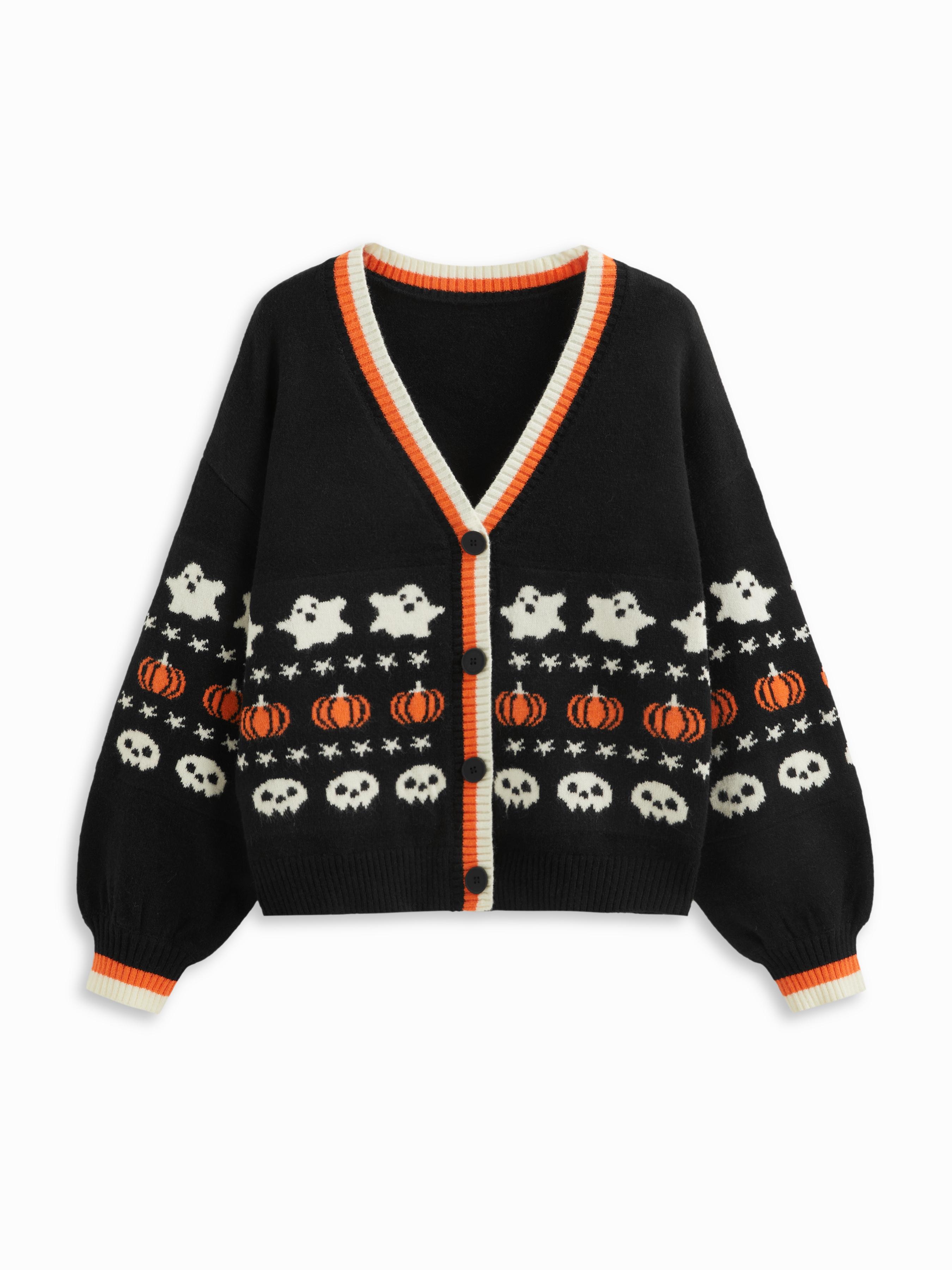 Knit V-neck Star Pumpkin Ghost Contrasting Binding Oversized Cardigan Curve & Plus by CIDER
