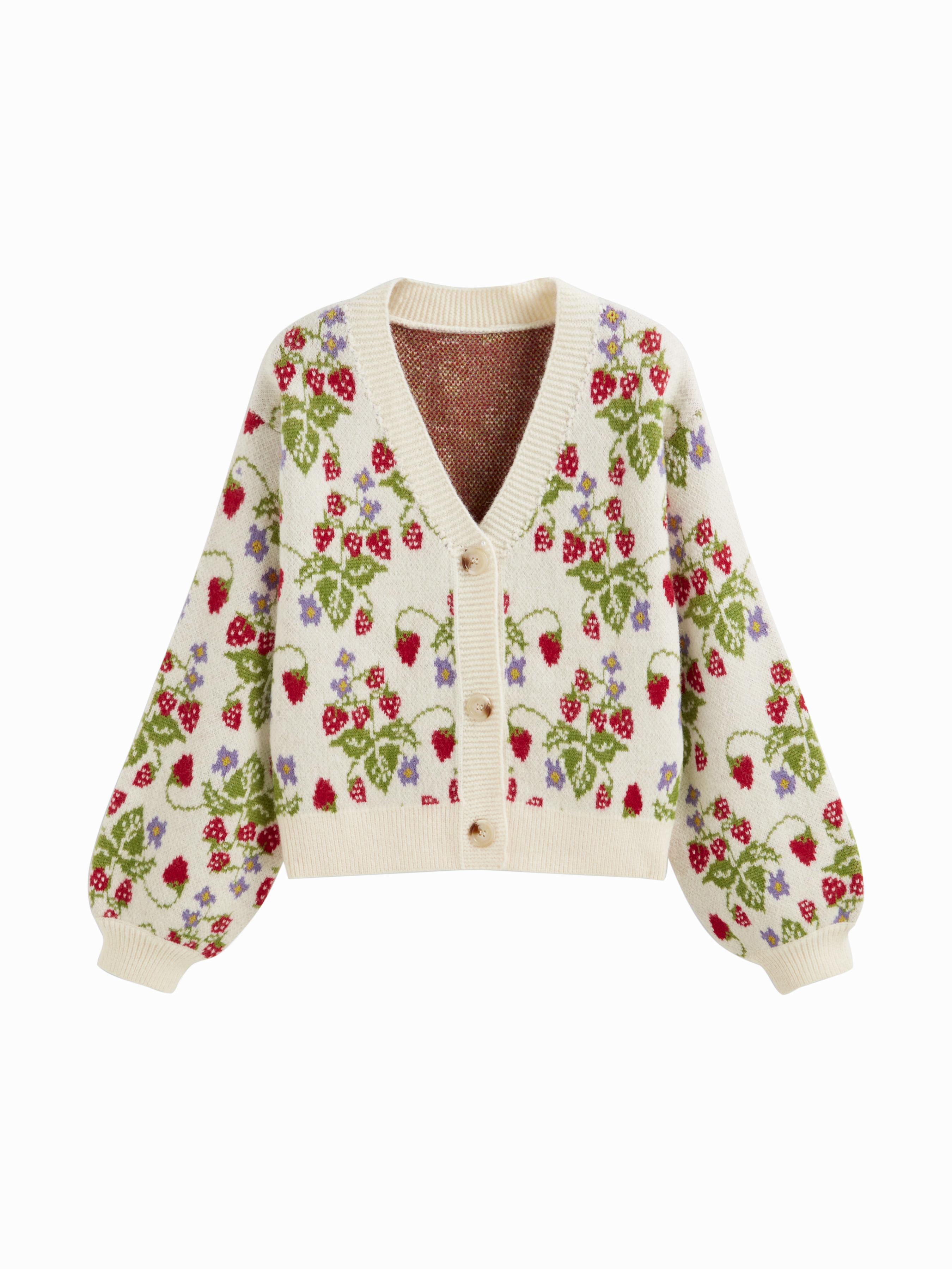 Knit V-neck Strawberry Button Oversized Cardigan by CIDER
