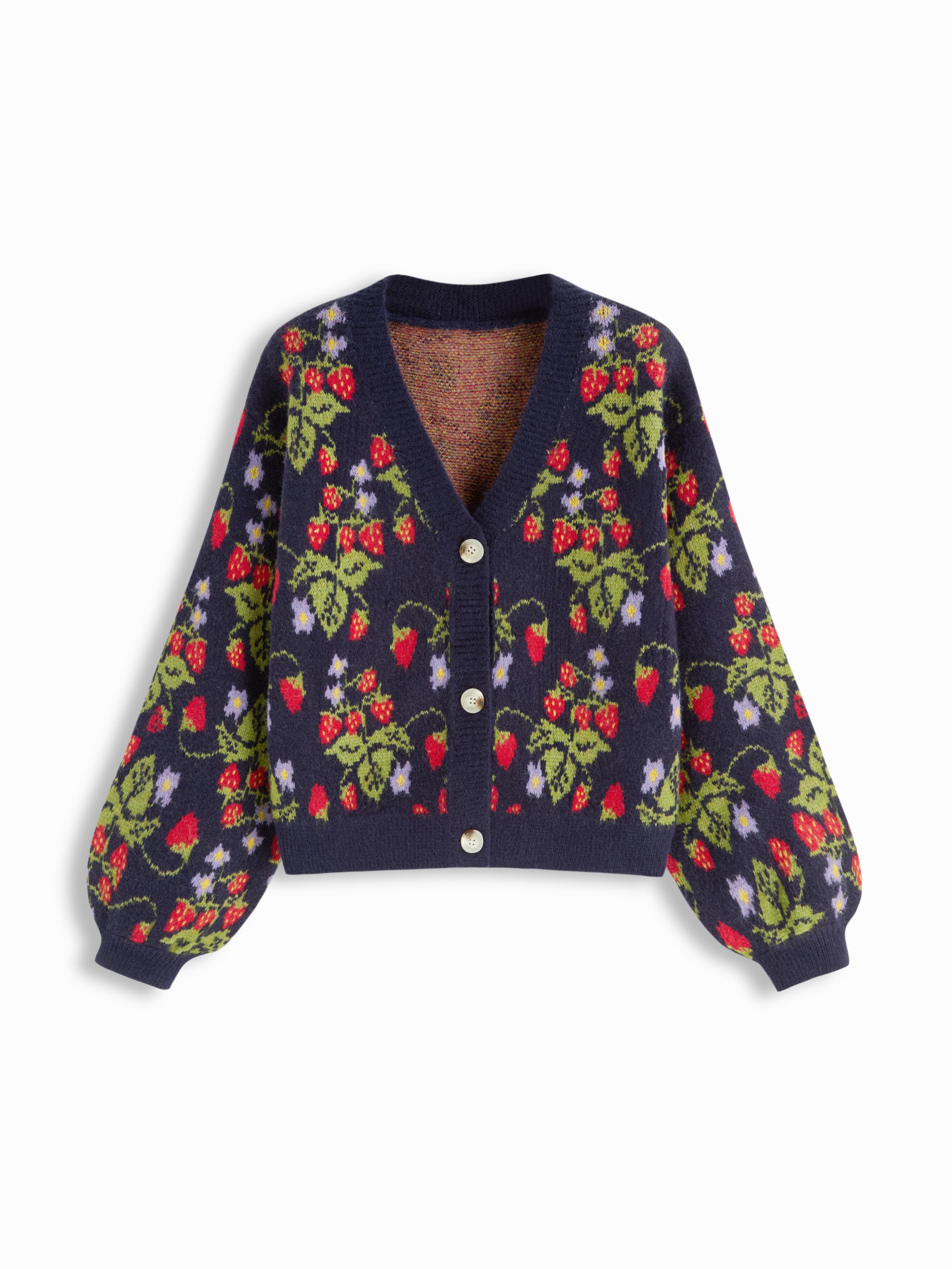 Knit V-neck Strawberry Button Oversized Cardigan by CIDER