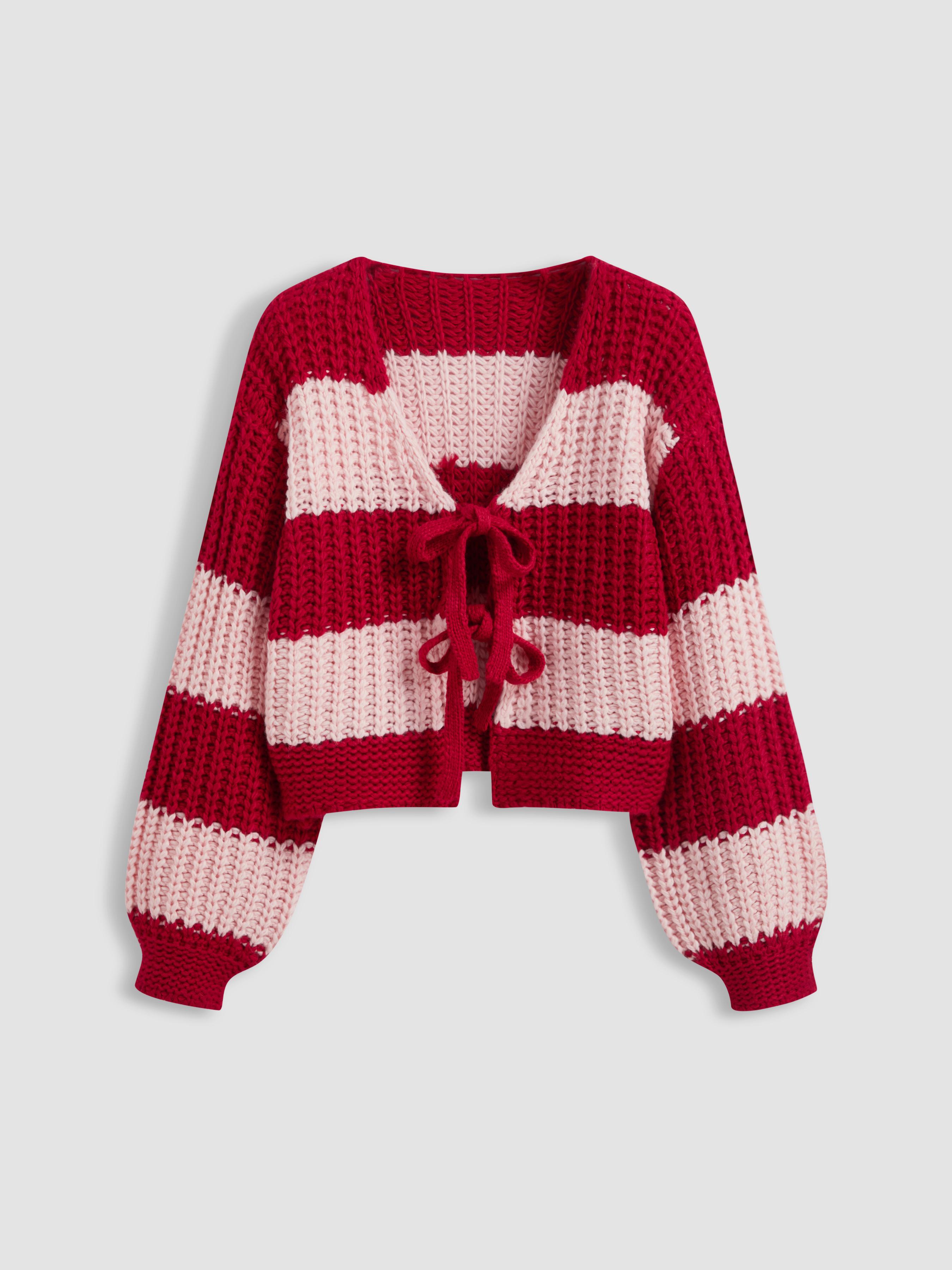 Knit V-neck Striped Tie Front Cardigan by CIDER