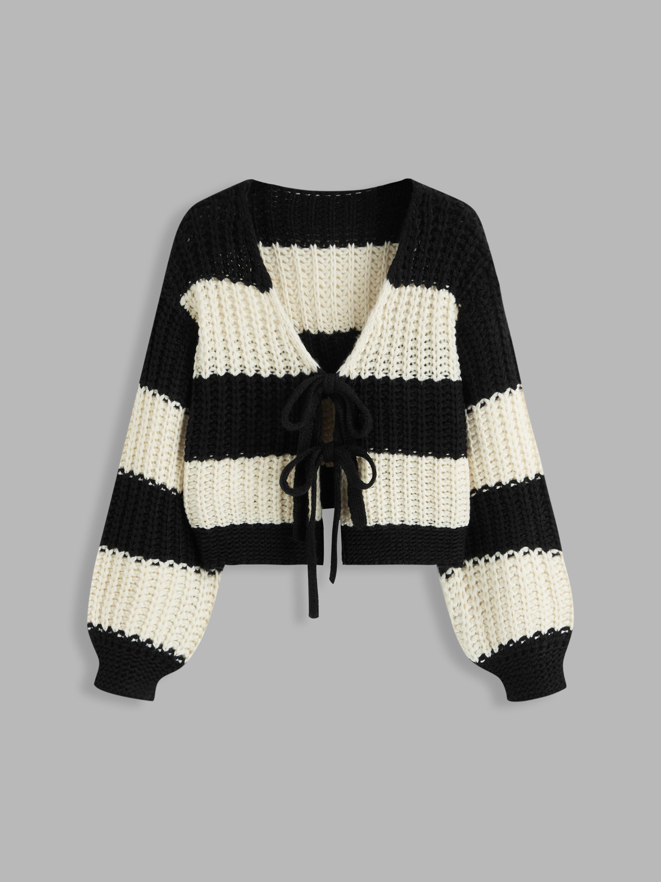 Knit V-neck Striped Tie Front Cardigan by CIDER