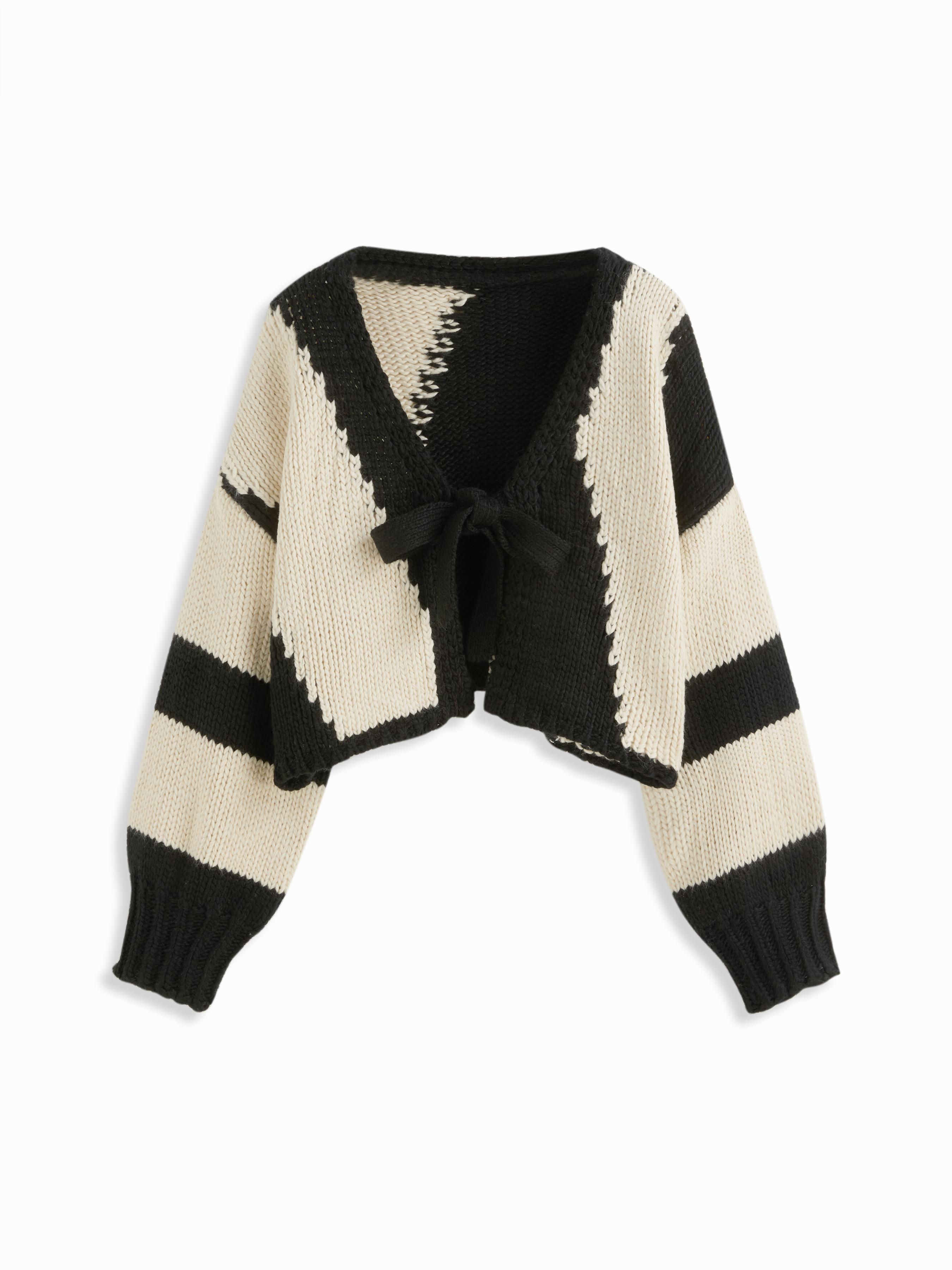 Knit V-neck Striped Tie Front Cardigan by CIDER