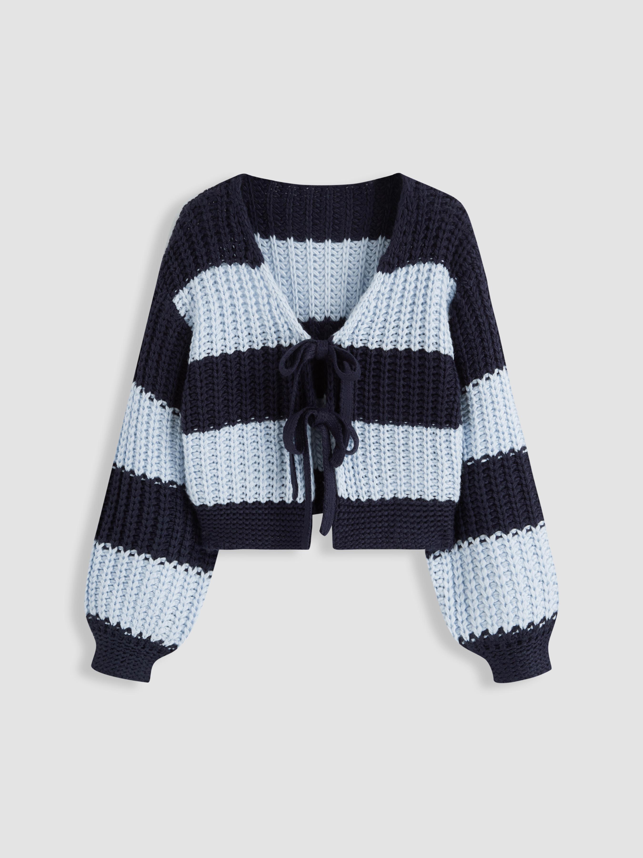 Knit V-neck Striped Tie Front Cardigan by CIDER