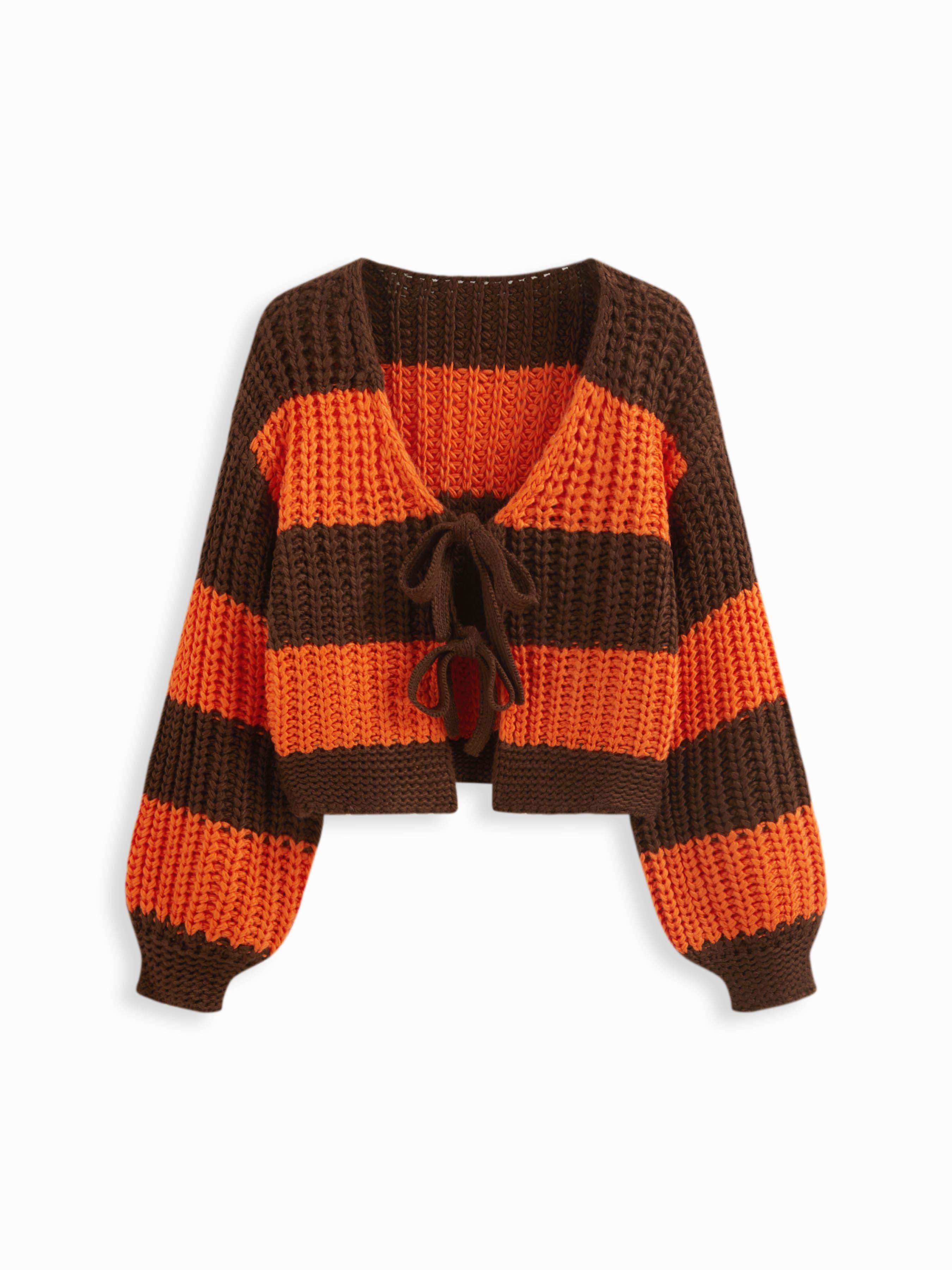 Knit V-neck Striped Tie Front Cardigan by CIDER