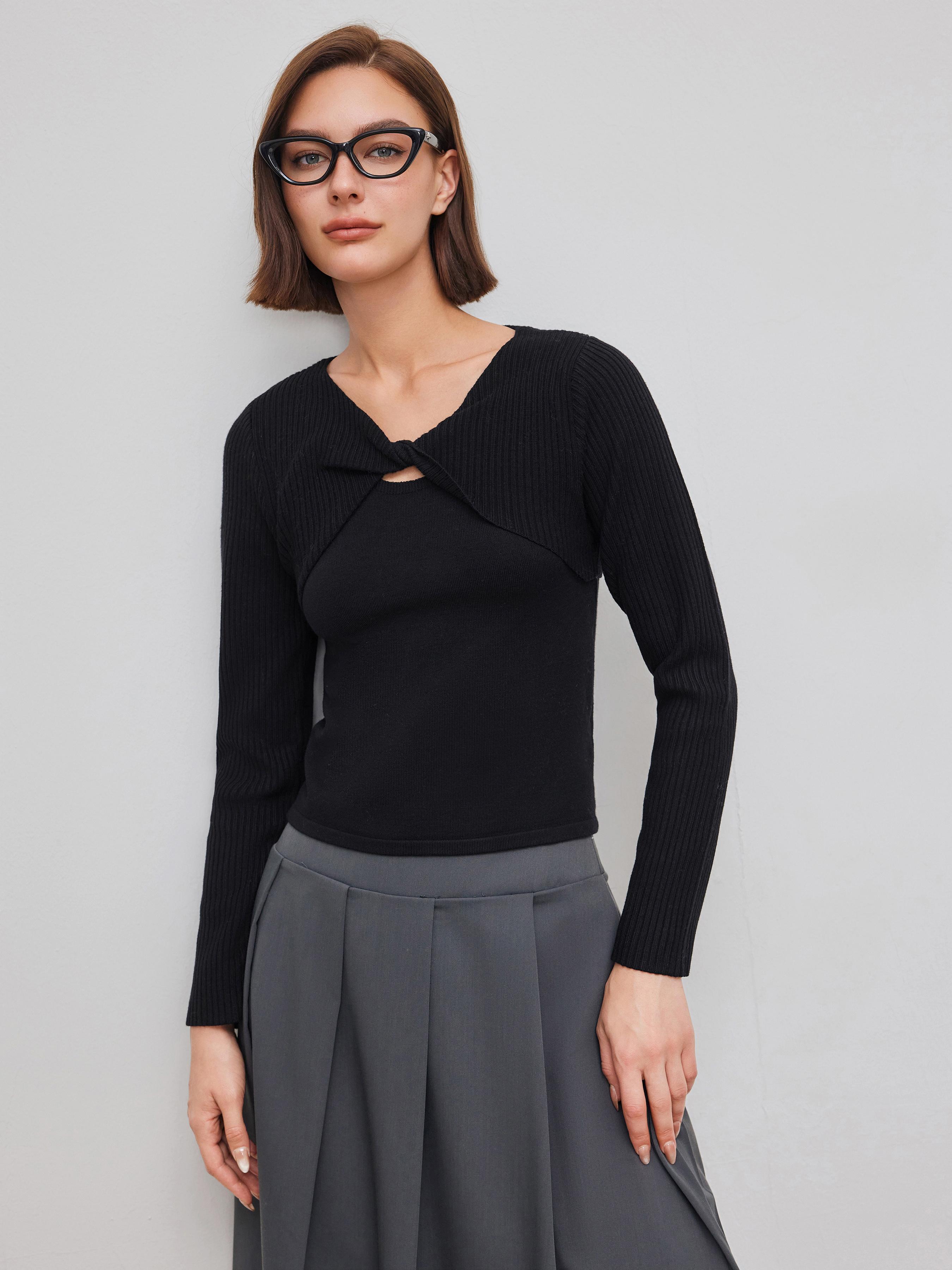 Knit V-neck Twist Cut Out Top by CIDER