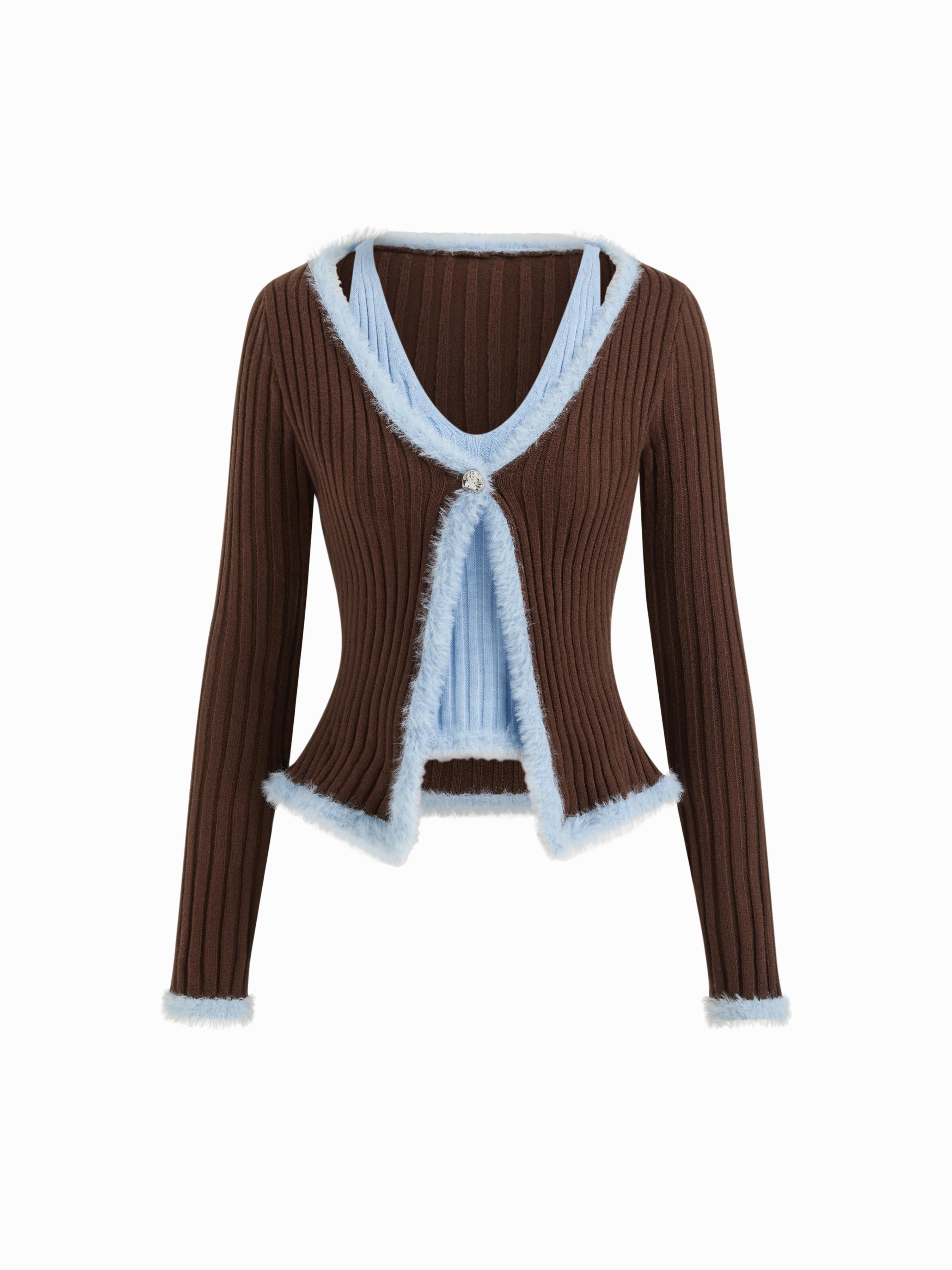 Knit V-neck Two Tone Patchy Faux Feather Long Sleeve Sweater by CIDER