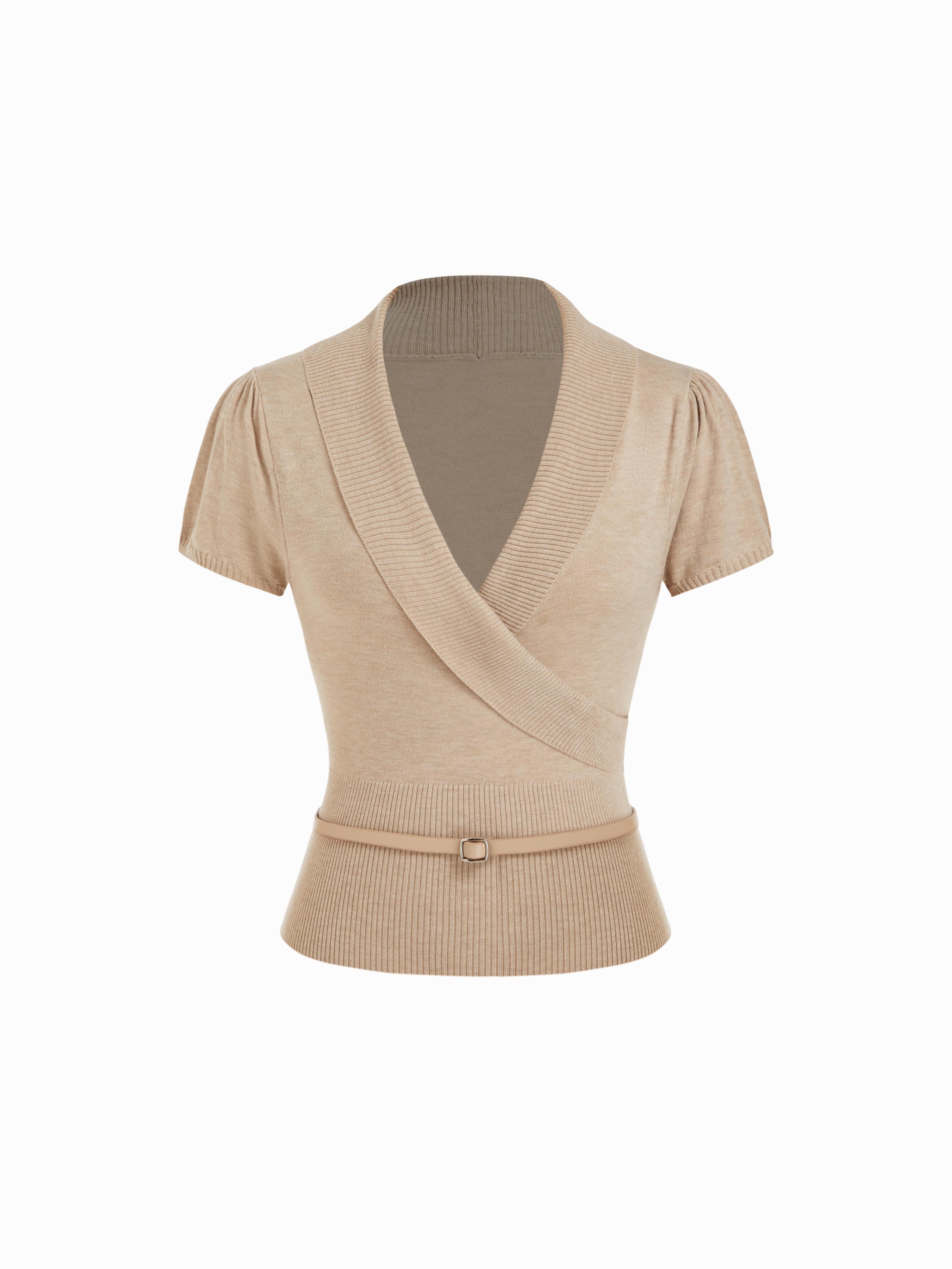 Knit V-neck Wrap Short Sleeve Top With Belt by CIDER