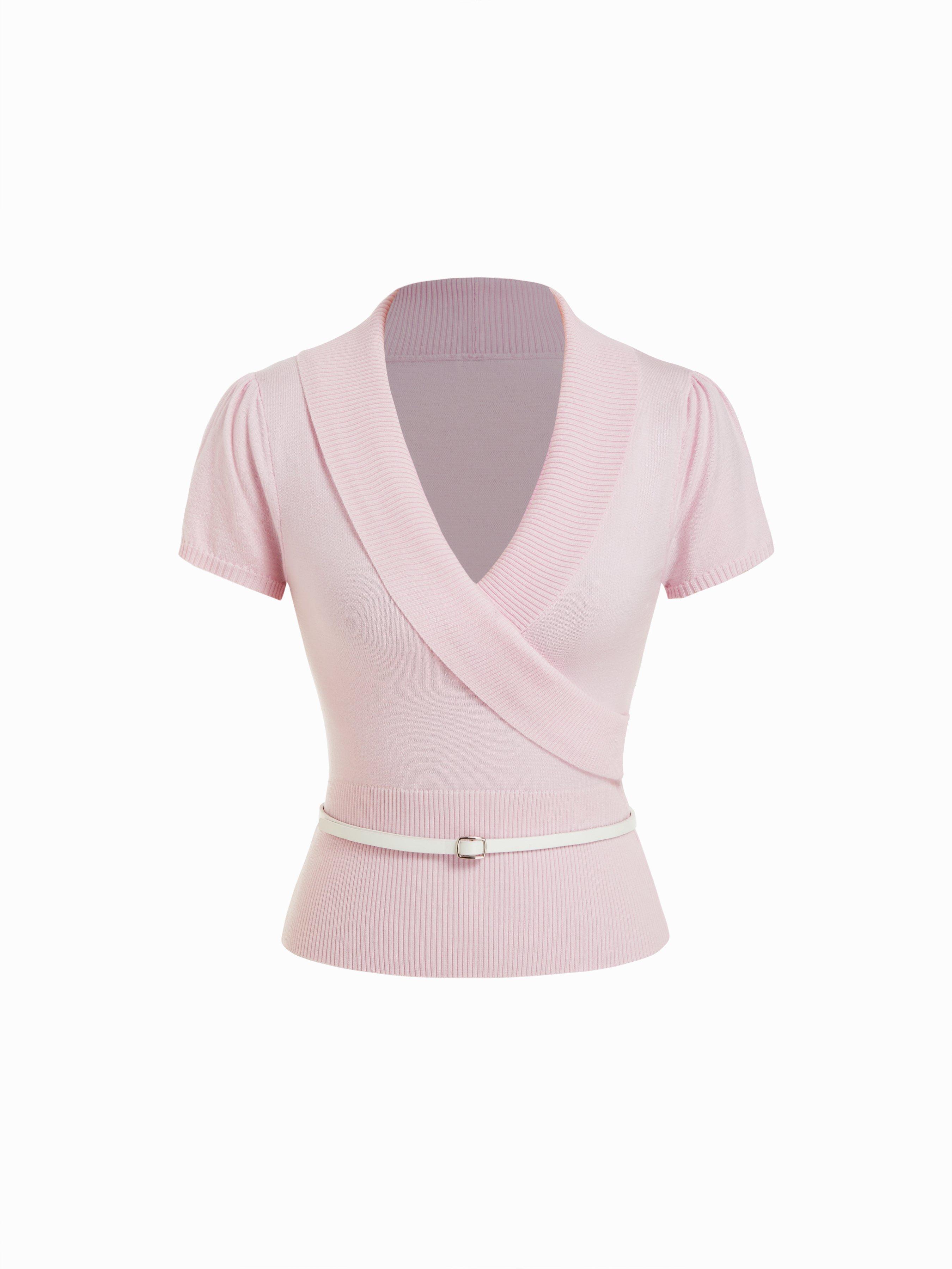 Knit V-neck Wrap Short Sleeve Top With Belt by CIDER