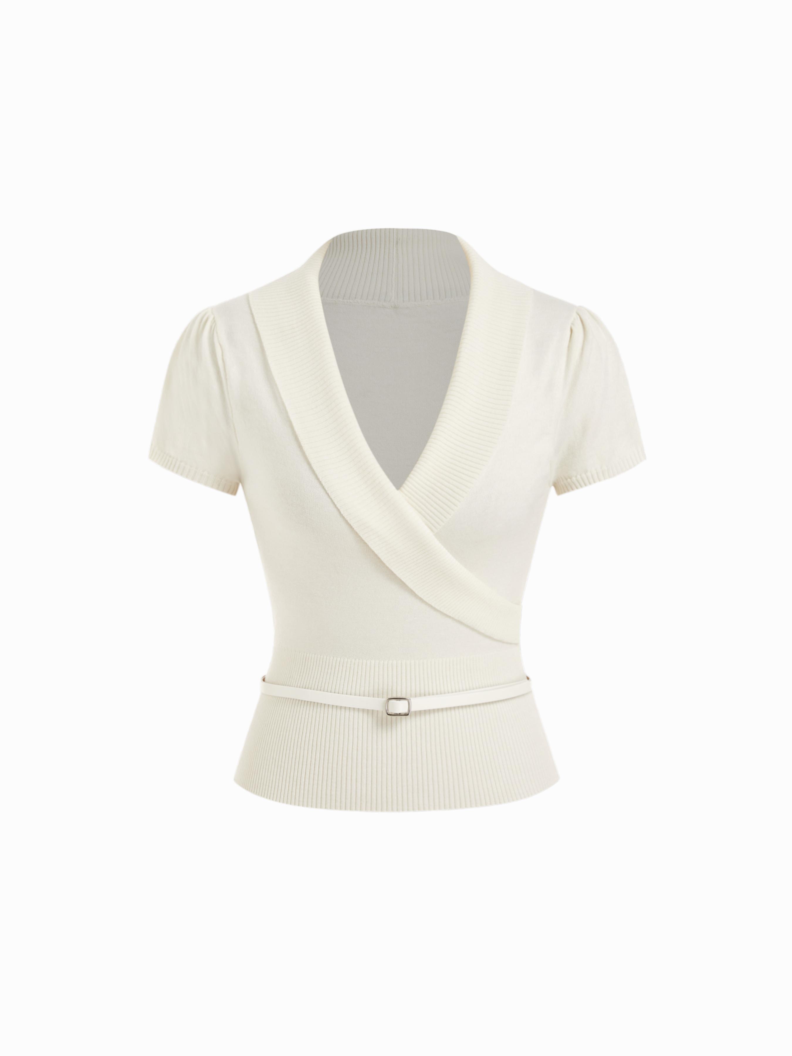 Knit V-neck Wrap Short Sleeve Top With Belt by CIDER