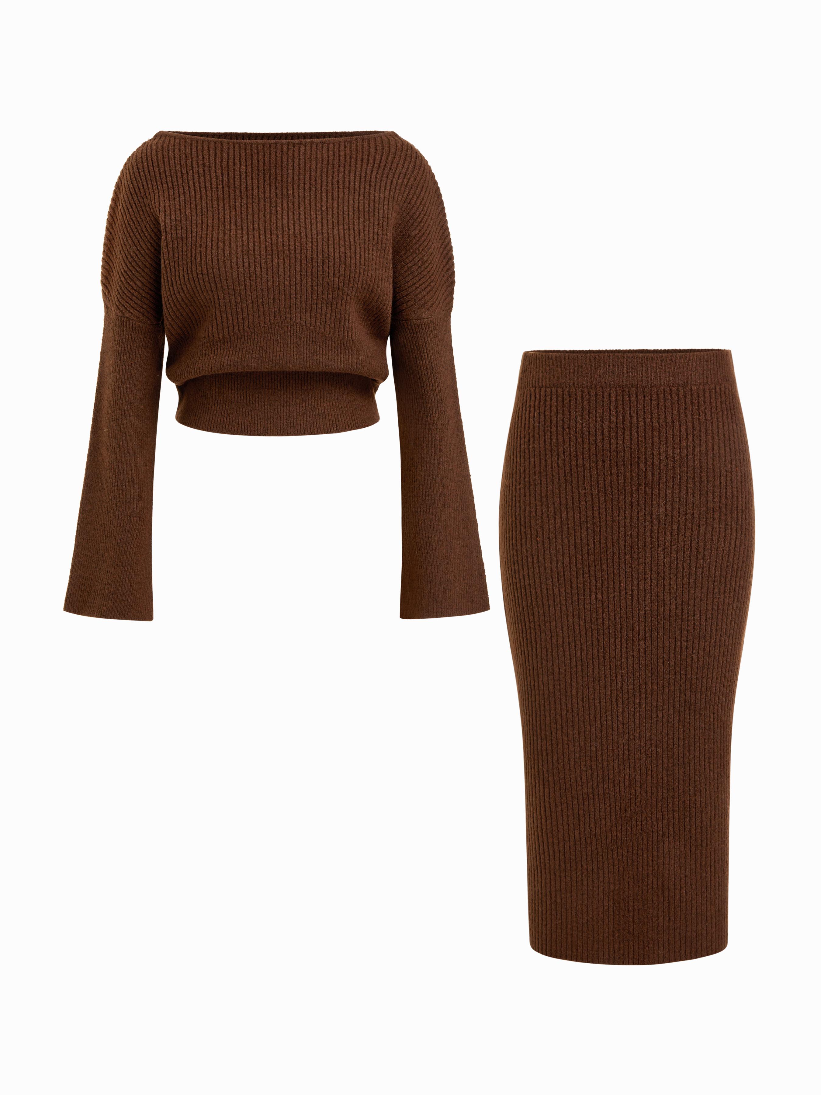 Knit Wool-blend Asymmetrical Neck Bell Sleeve Top & Mid Rise Midi Pencil Skirt Set by CIDER Knit Wool-blend Asymmetrical Neck Bell Sleeve Top & Mid Rise Midi Pencil Skirt Set by CIDER