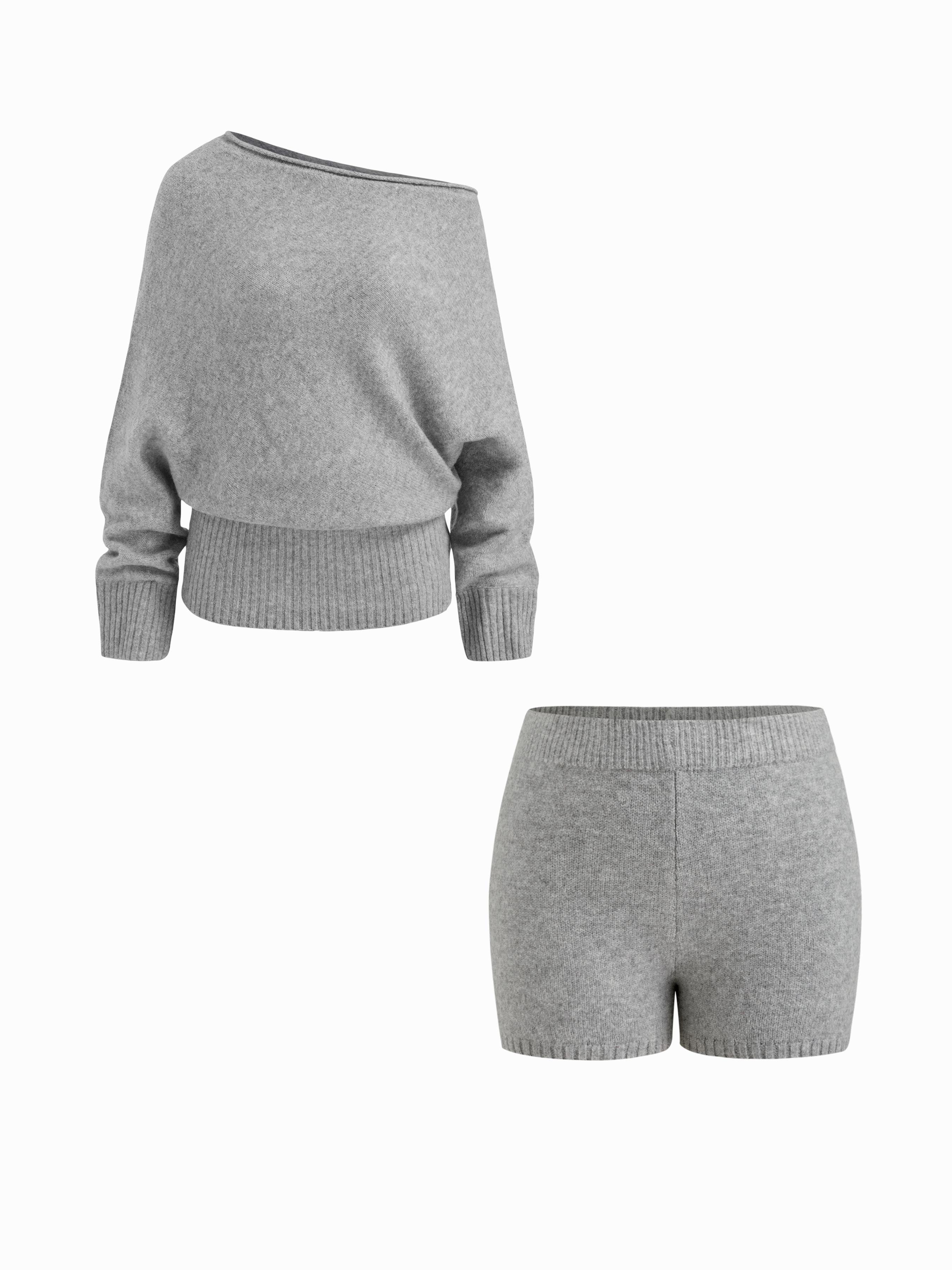 Knit Wool-blend Asymmetrical Neck Long Sleeve Sweater & Low Rise Shorts Set by CIDER