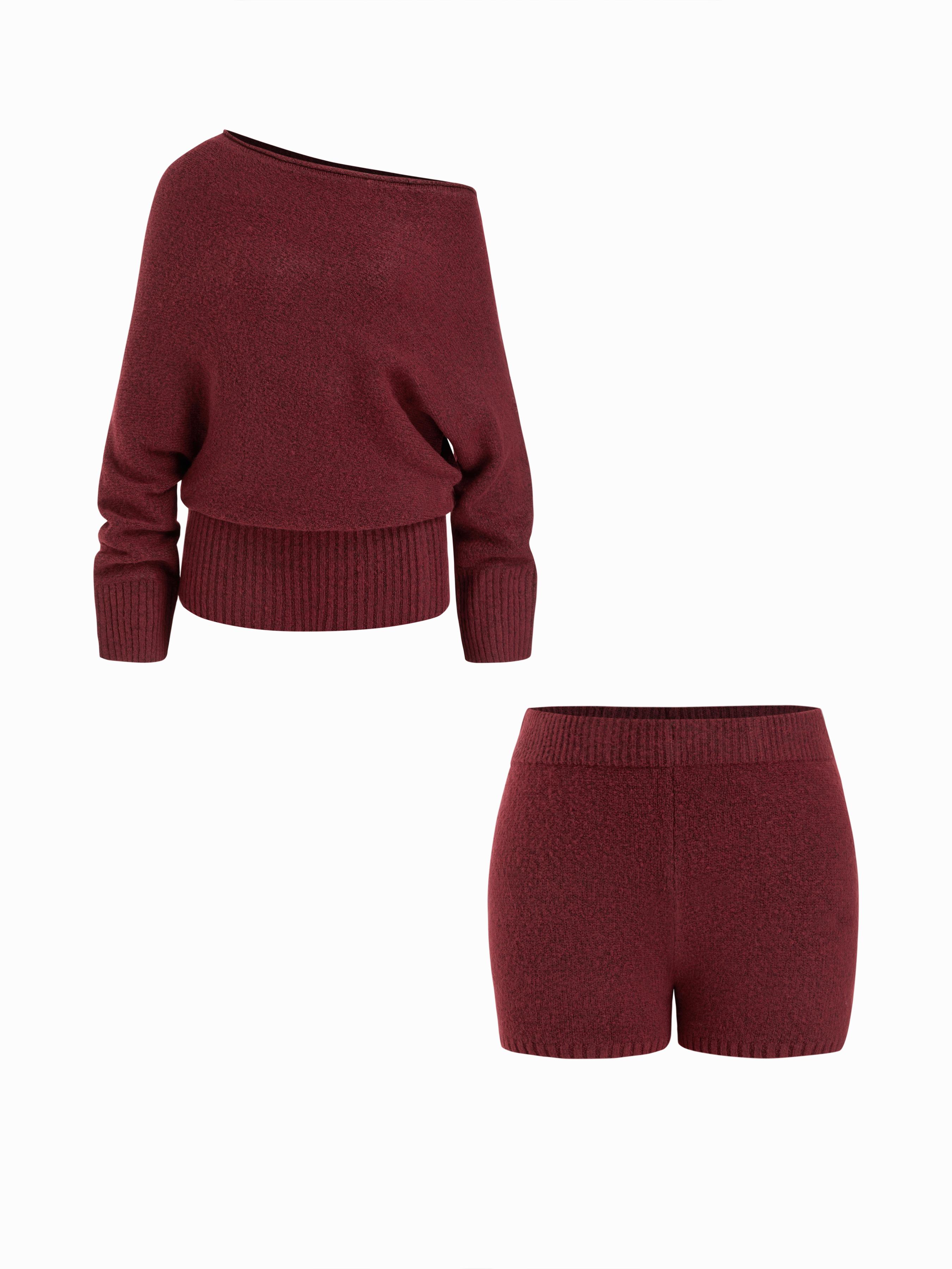 Knit Wool-blend Asymmetrical Neck Long Sleeve Sweater & Low Rise Shorts Set by CIDER