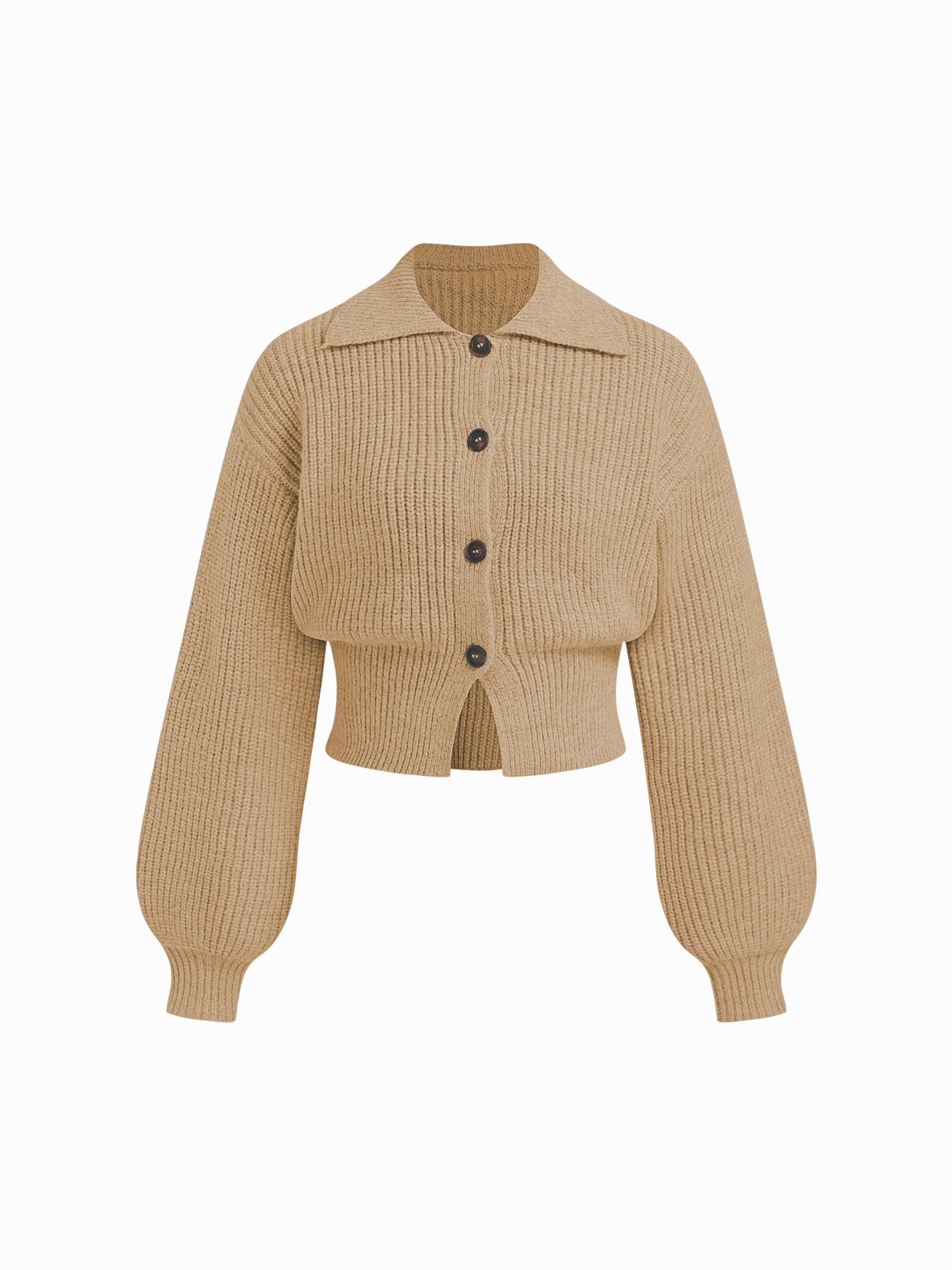 Knit Wool-blend Collar Cinched Waist Cardigan by CIDER