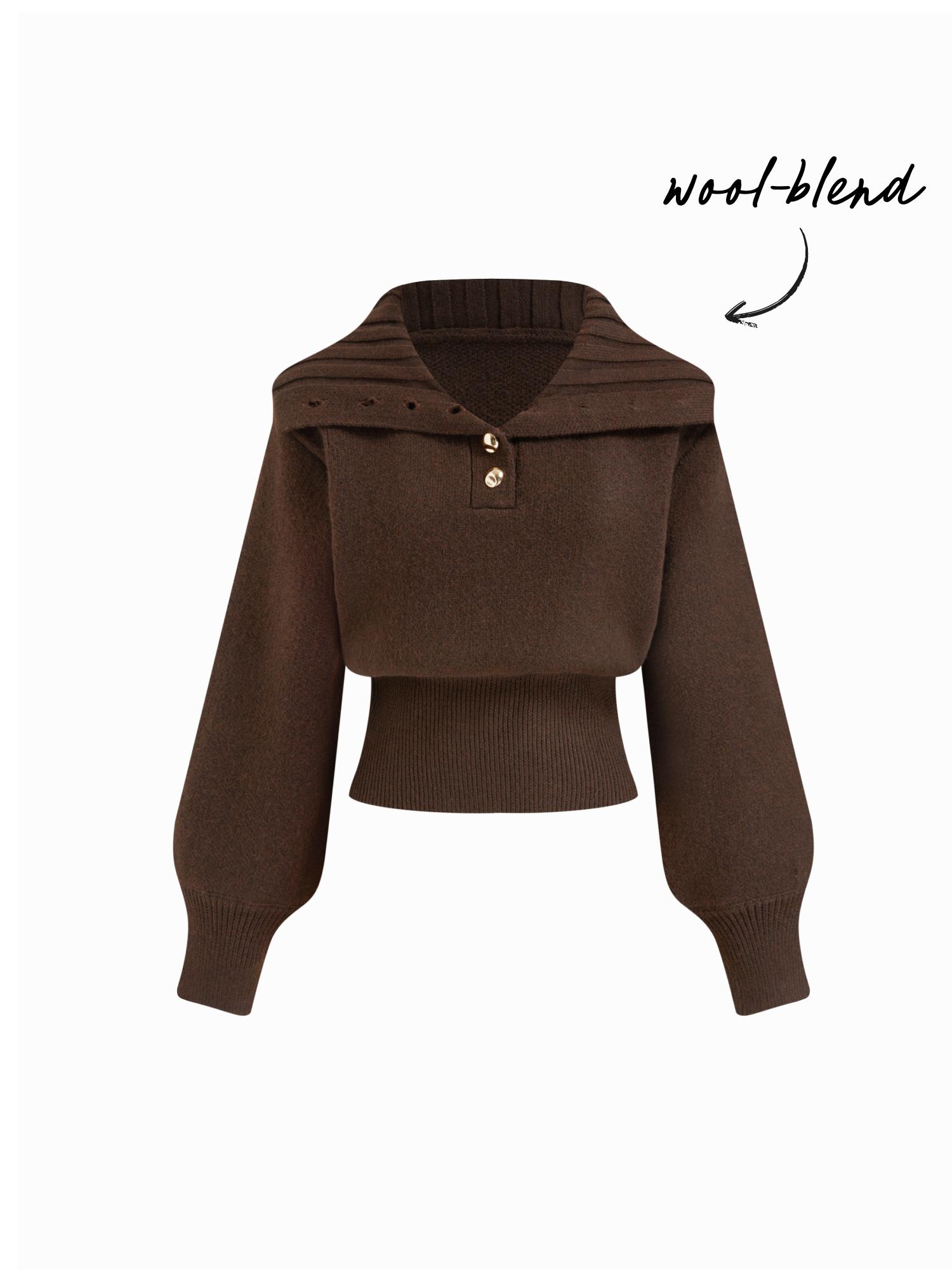 Knit Wool-blend Collar Long Sleeve Metal Button Cinched Waist Top by CIDER