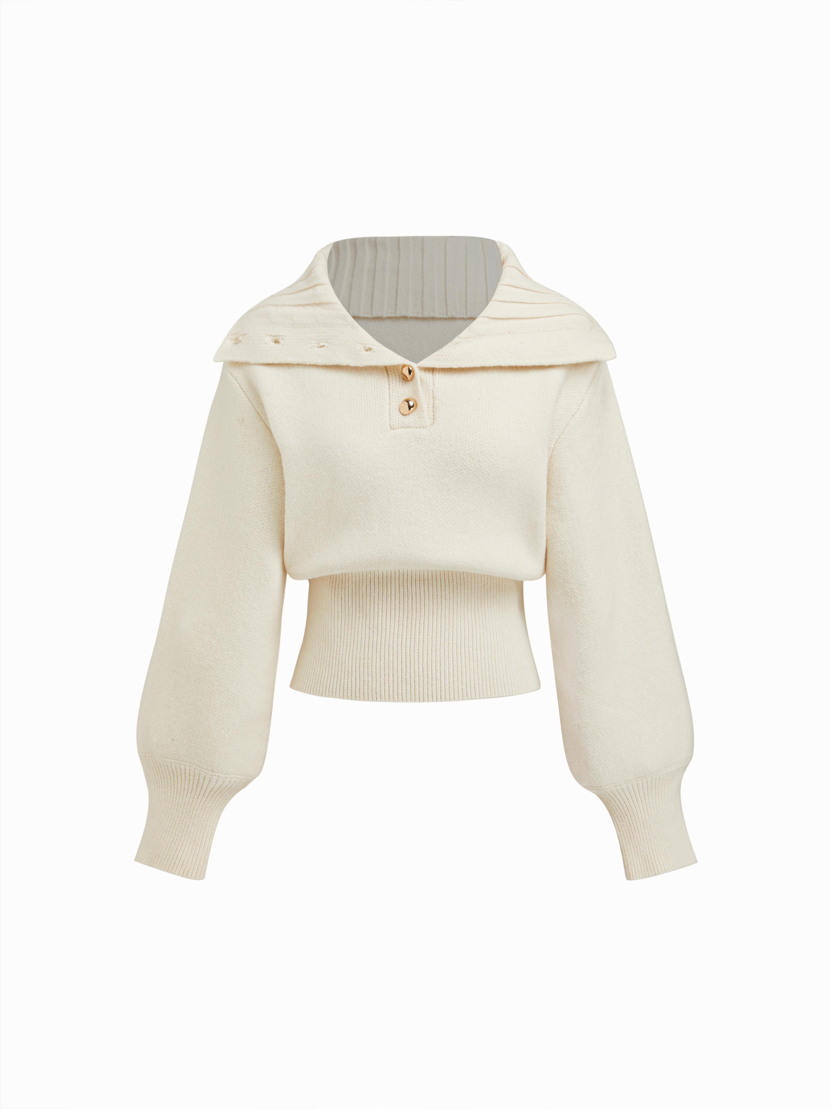 Knit Wool-blend Collar Long Sleeve Metal Button Cinched Waist Top by CIDER