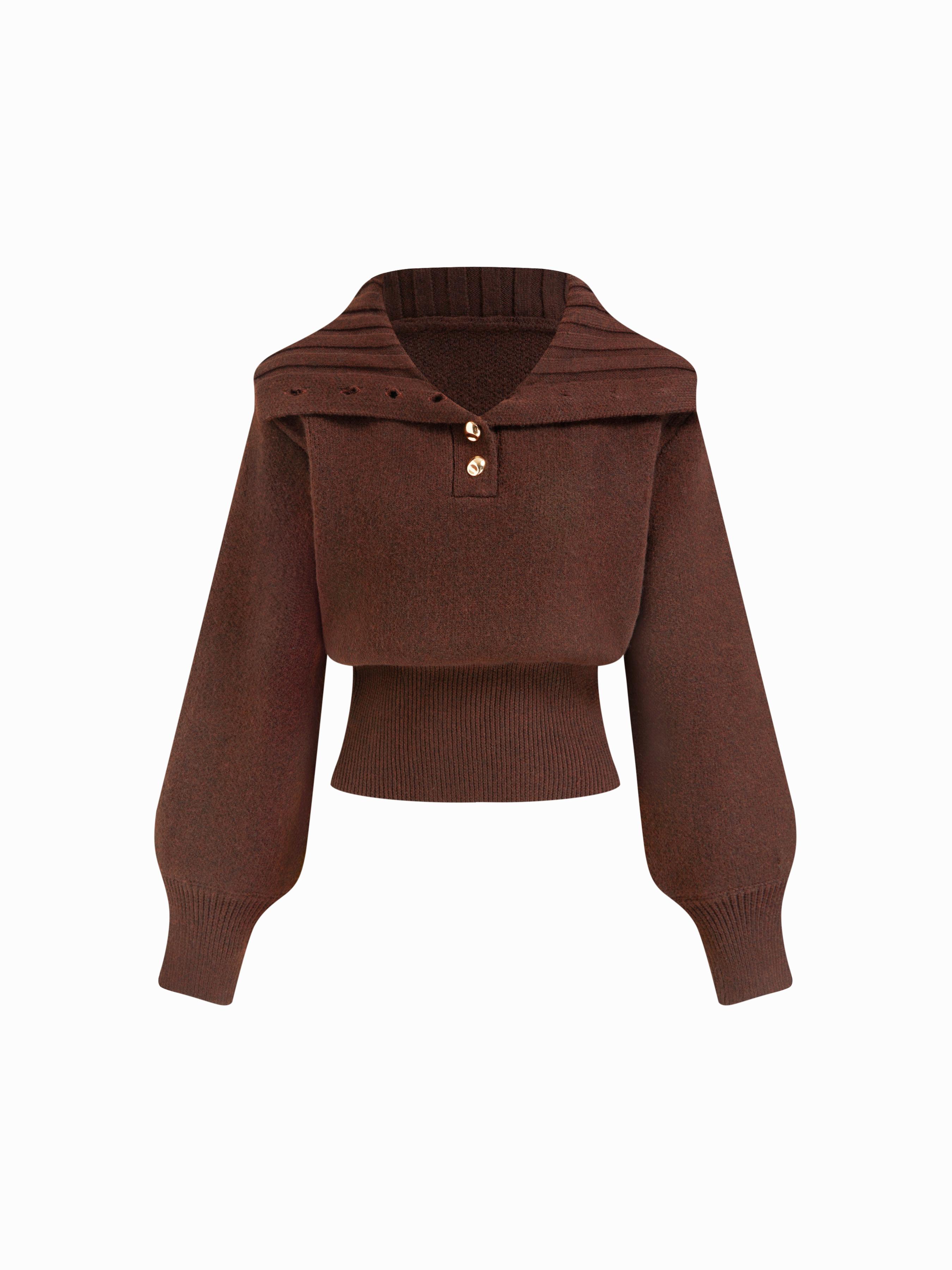 Knit Wool-blend Collar Long Sleeve Metal Button Cinched Waist Top by CIDER