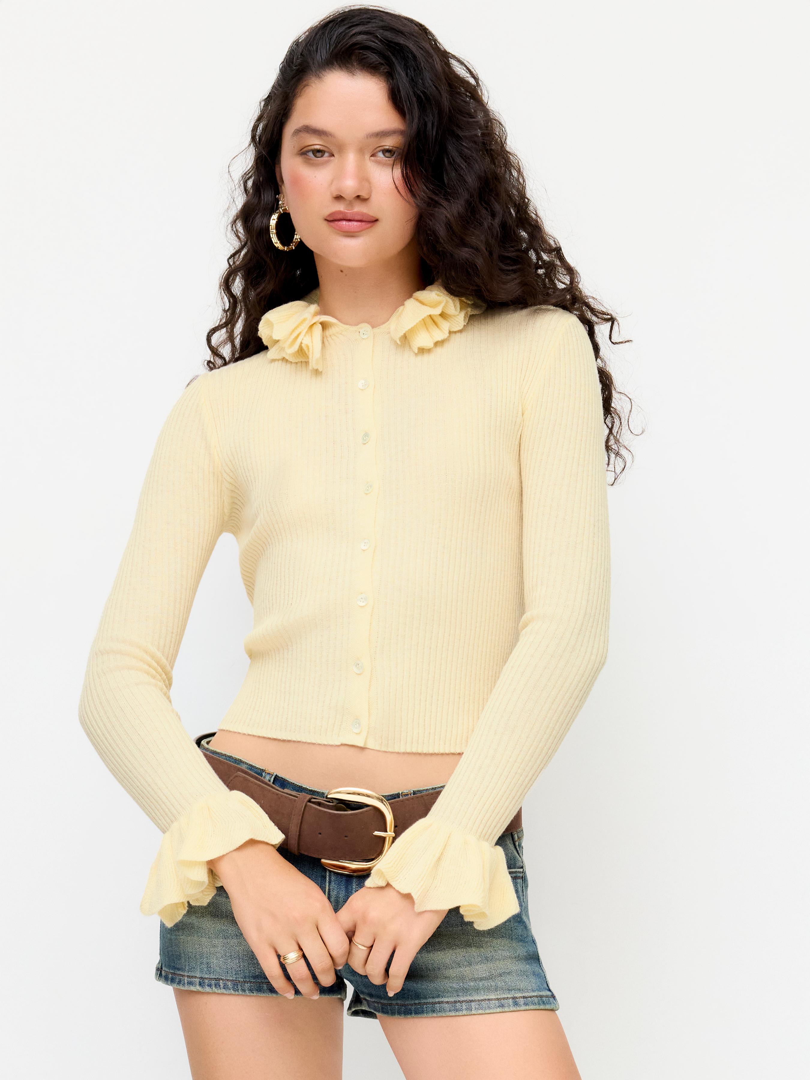 Knit Wool-blend Collar Long Sleeve Ruffle Trim Cardigan by CIDER