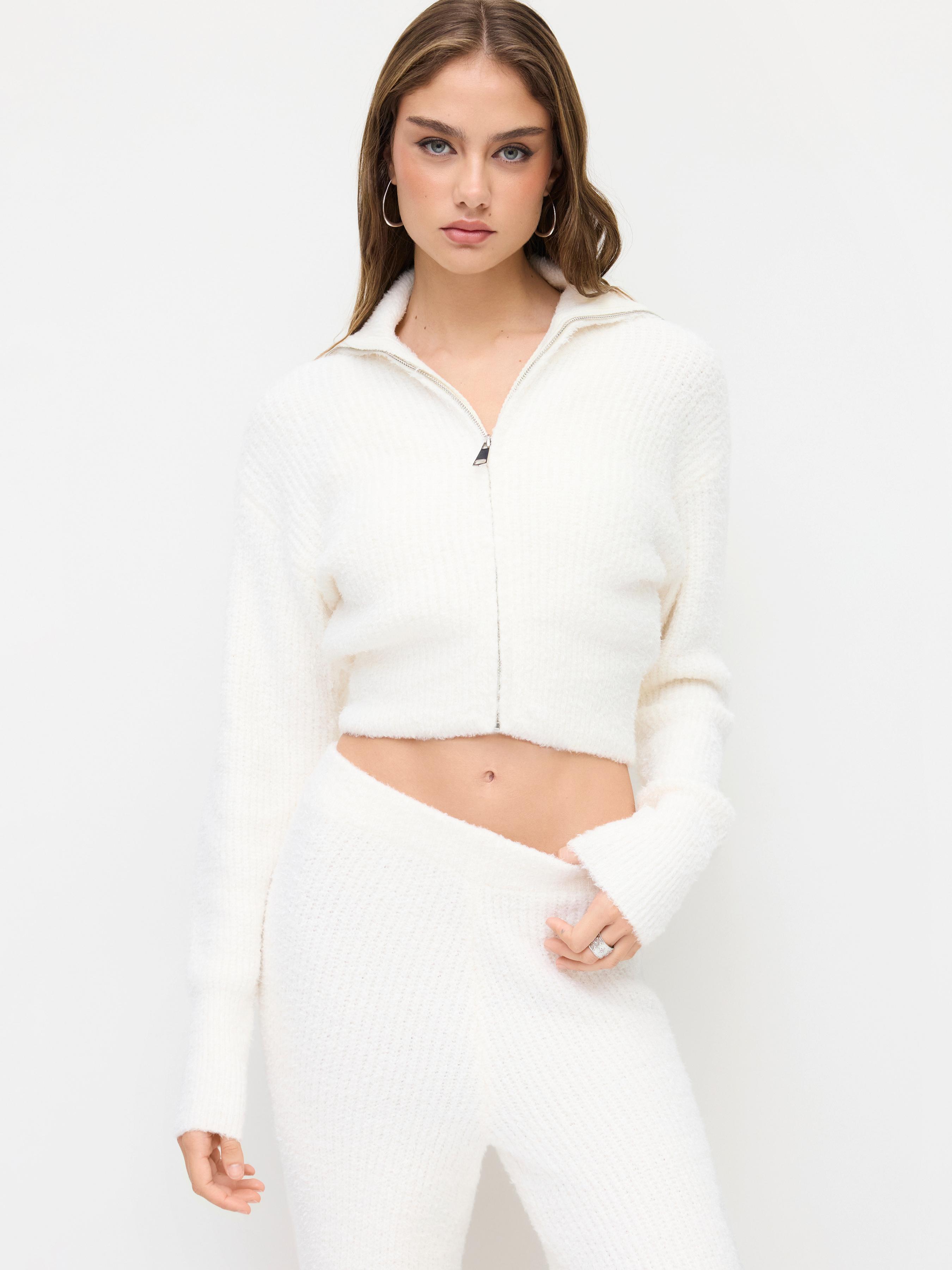 Knit Wool-blend Collar Long Sleeve Zip Through Cardigan by CIDER