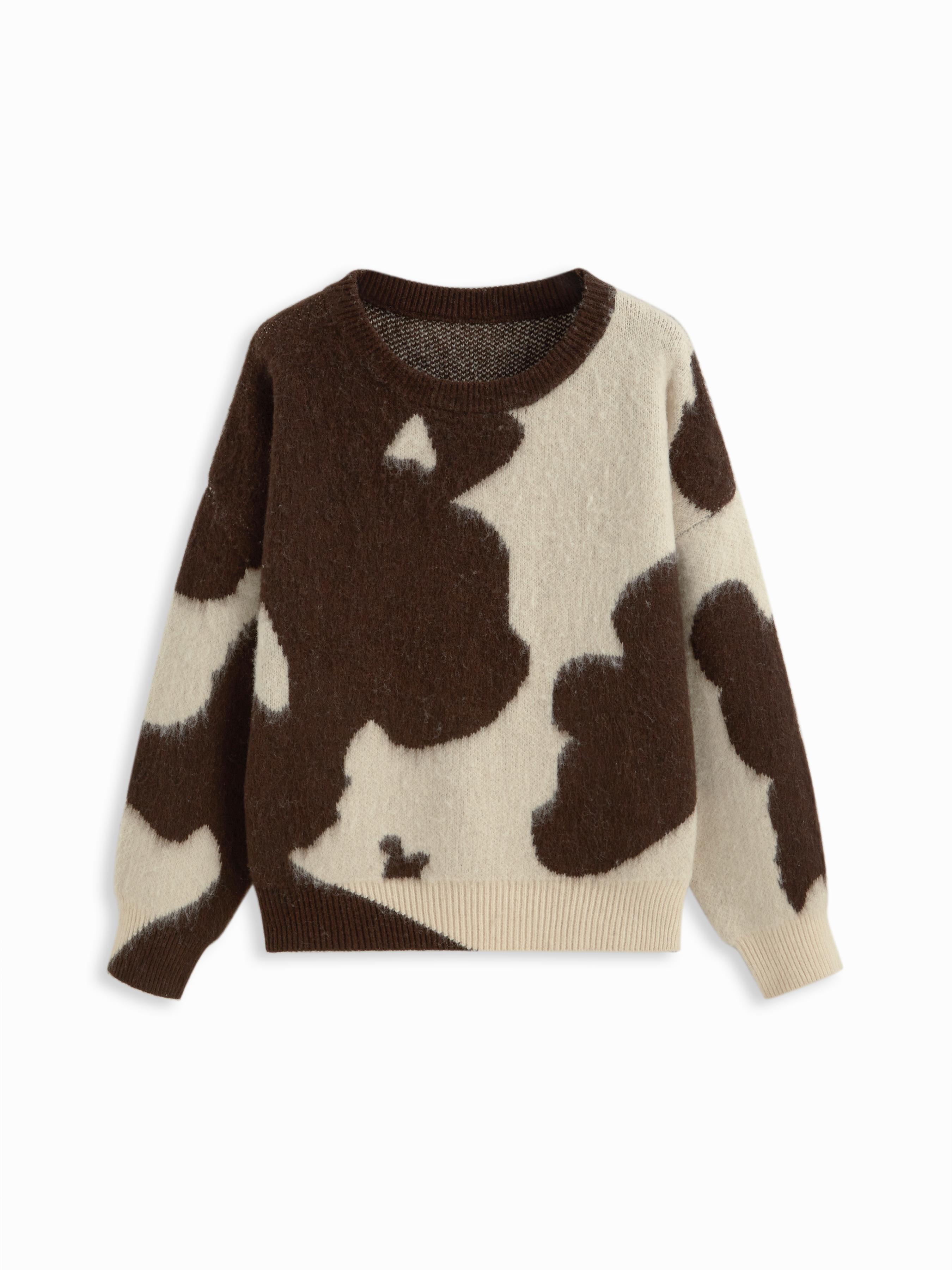 Knit Wool-blend Cow Pattern Round Neck Oversized Sweater by CIDER