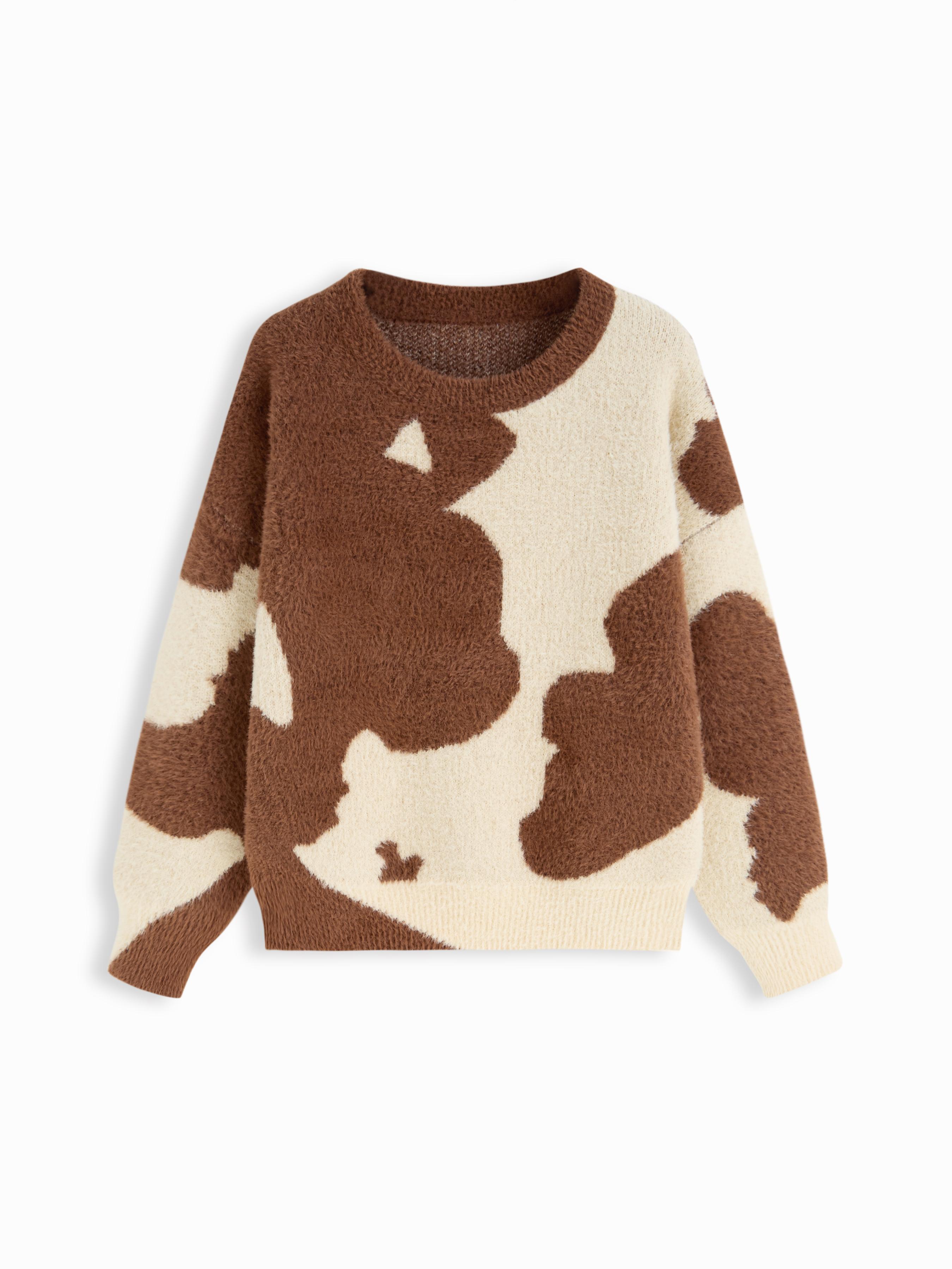 Knit Wool-blend Cow Pattern Round Neck Oversized Sweater by CIDER