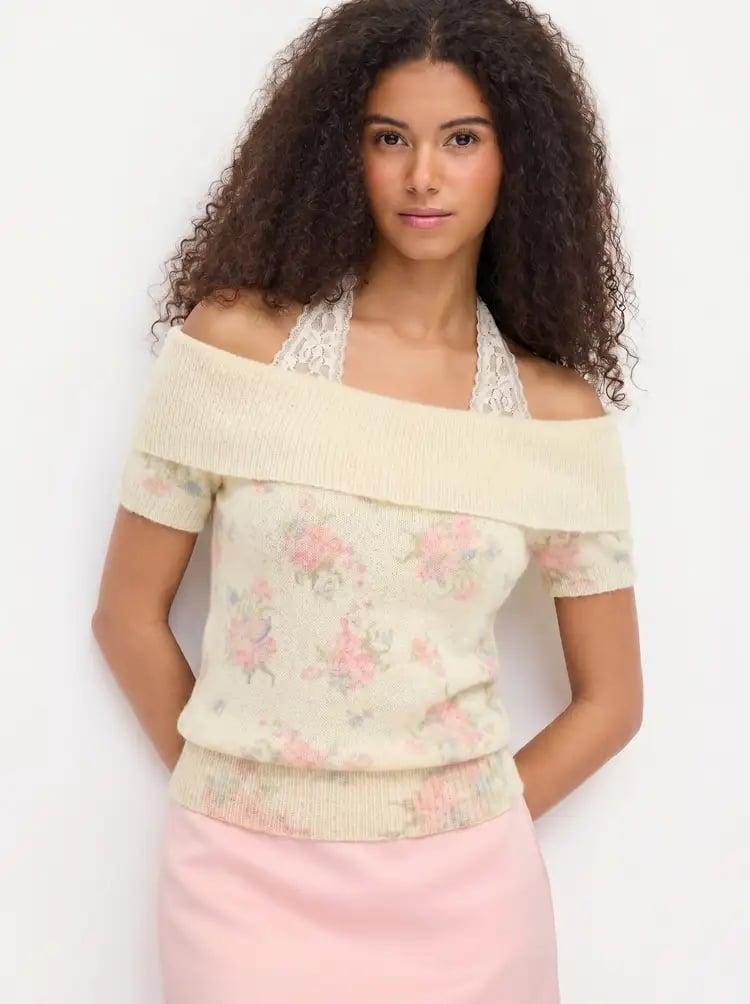 Knit Wool-blend Floral Off-shoulder Lace Detail Puff Sleeve Top by CIDER