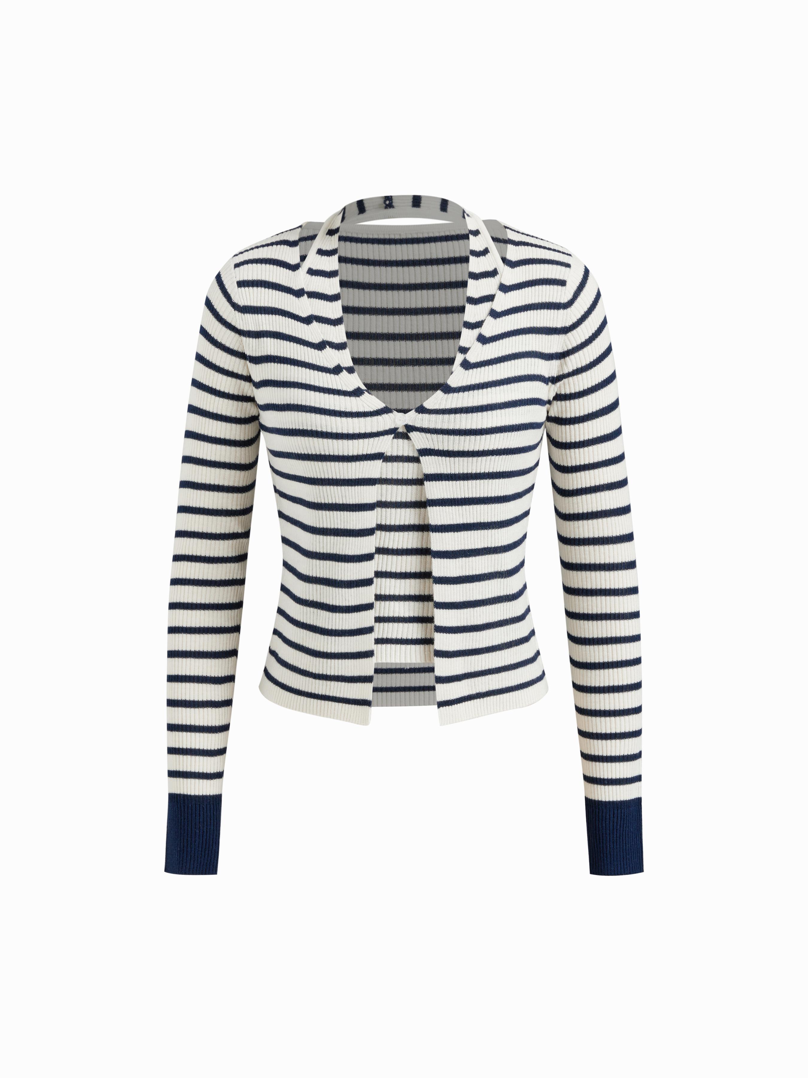 Knit Wool-blend Halter Neckline Stripe Contrasting Binding Top by CIDER