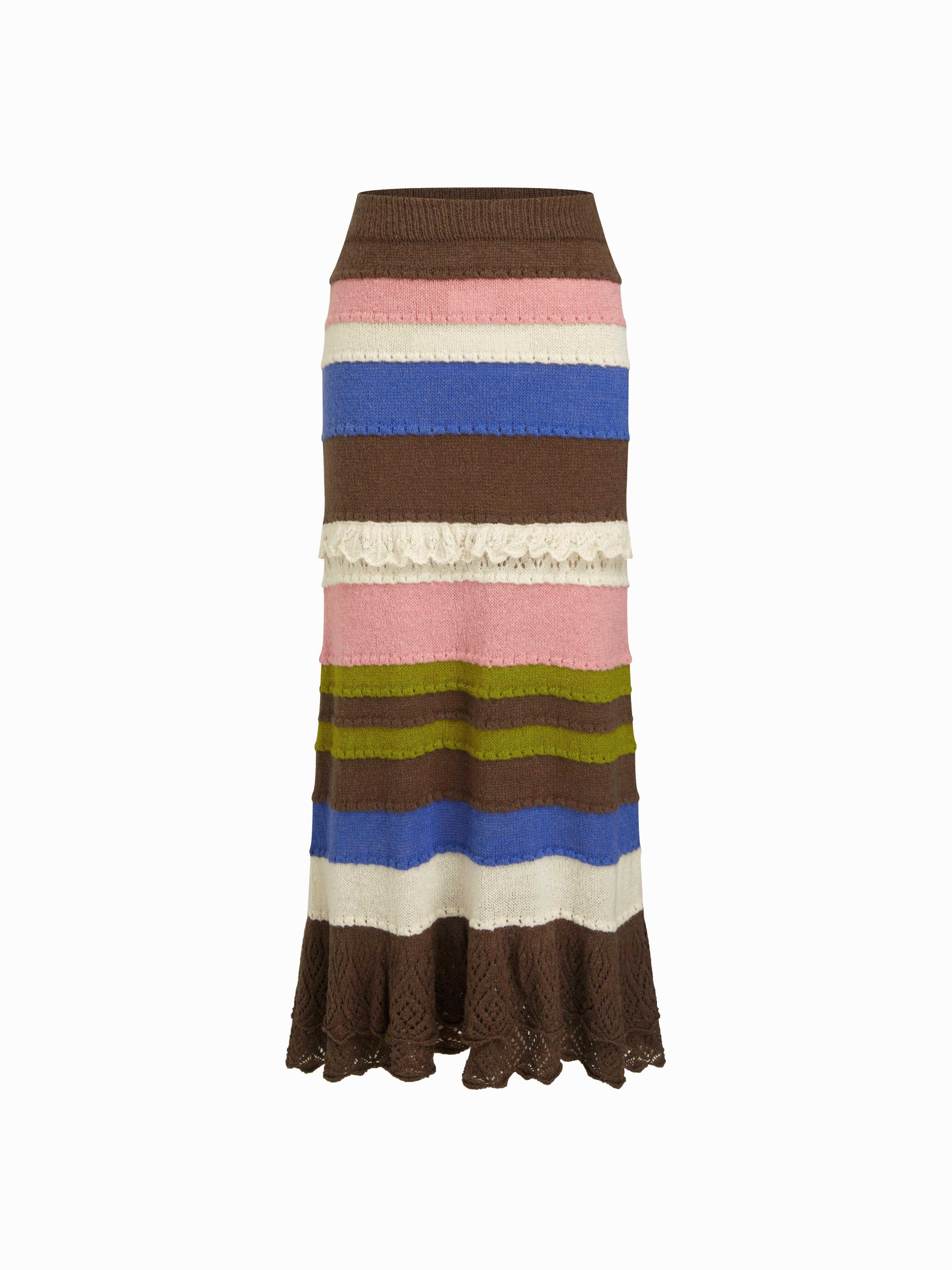 Knit Wool-blend Mid Rise Colorblock Ruffle Layered Mermaid Maxi Skirt by CIDER