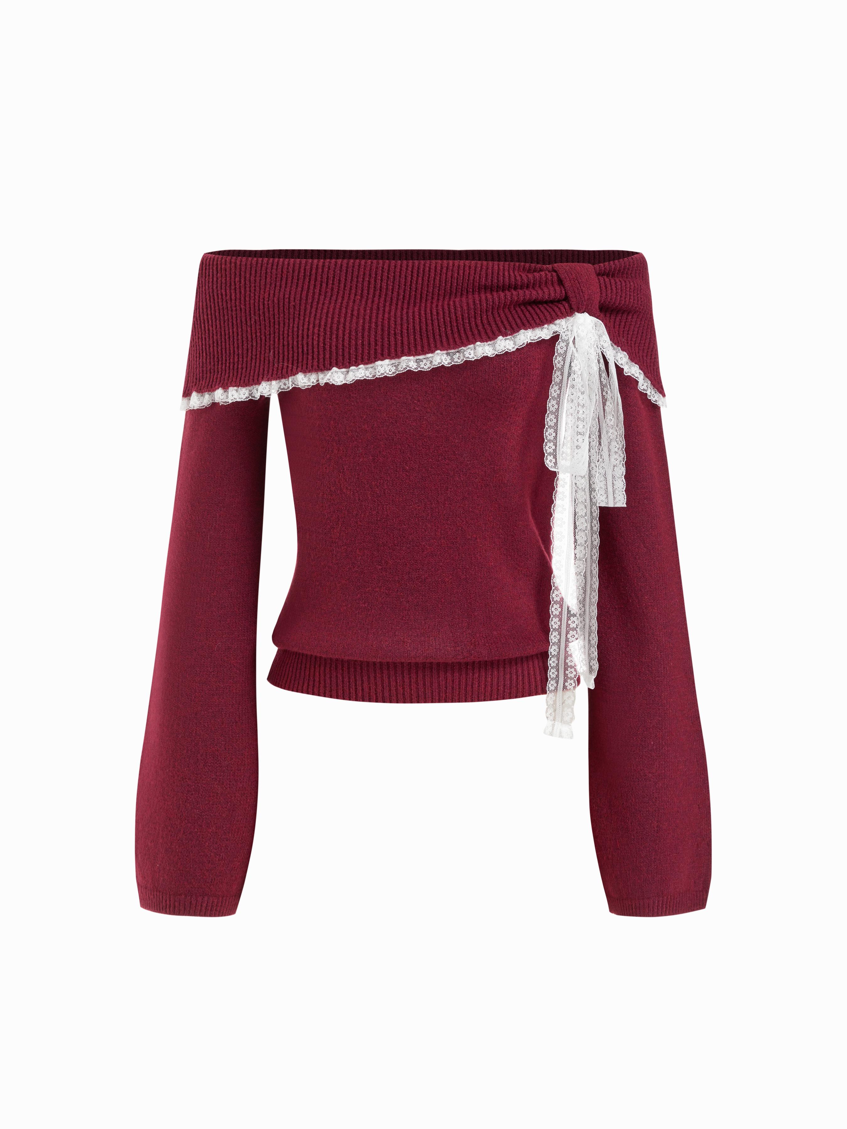 Knit Wool-blend Off-shoulder Lace Trim Long Sleeve Top by CIDER