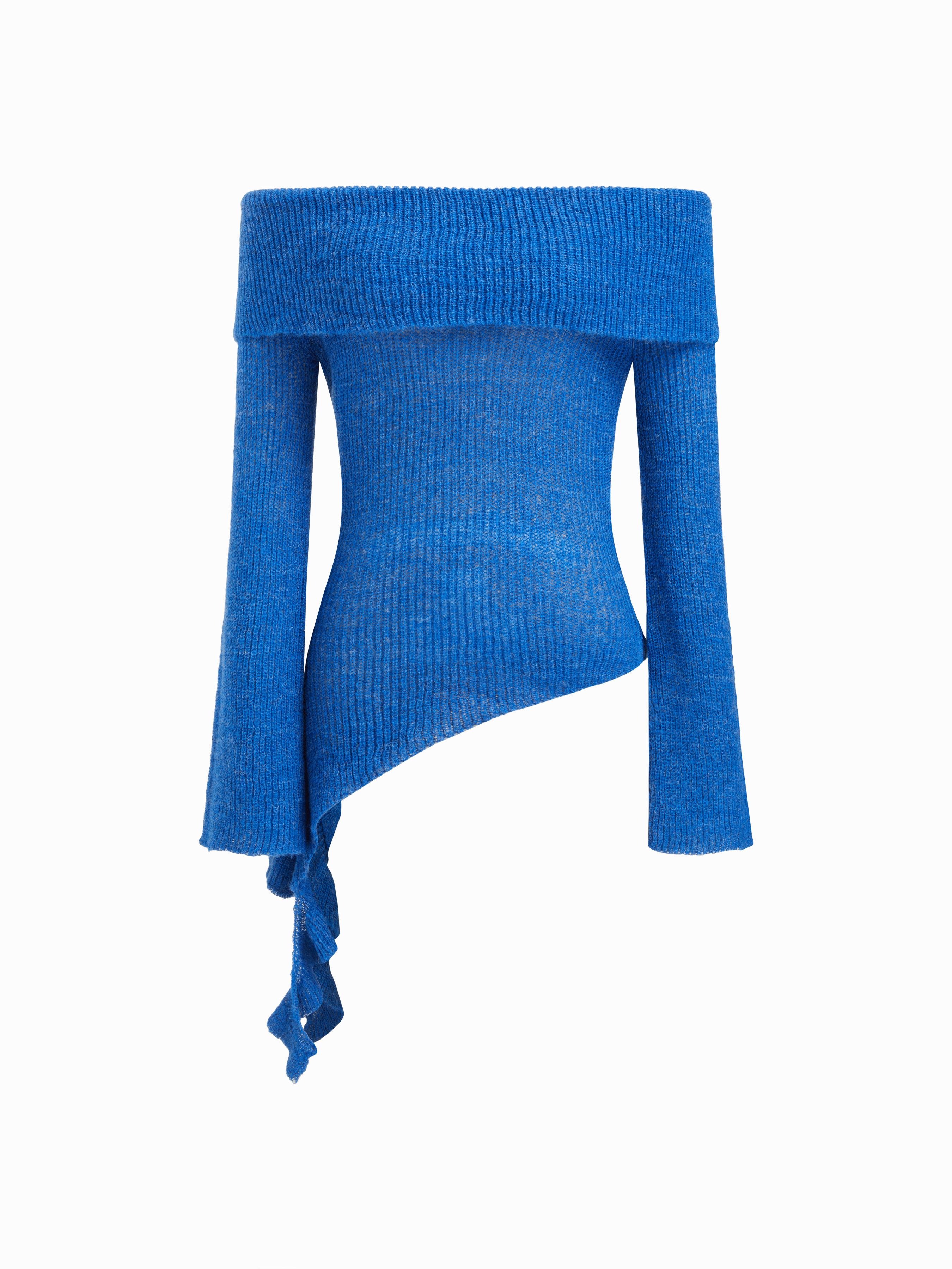 Knit Wool-blend Off-shoulder Long Sleeve Ruffle Trim Asymmetrical Hem Top by CIDER