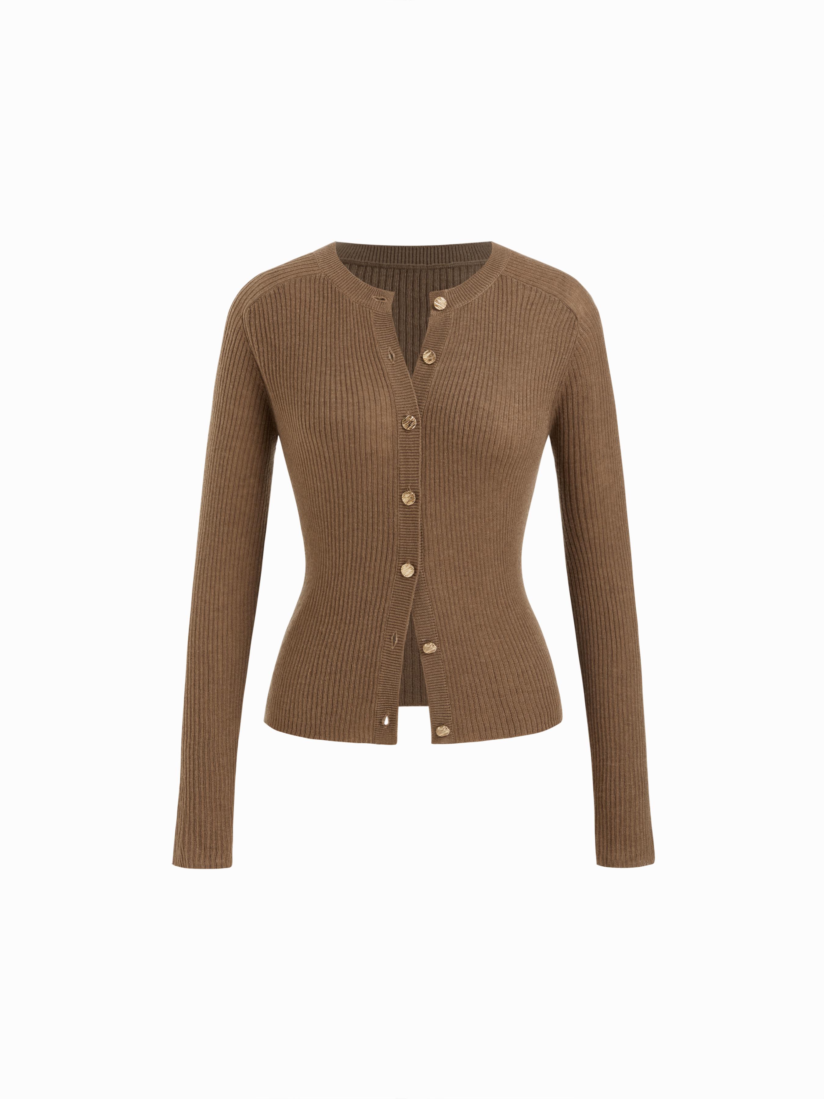 Knit Wool-blend Round Neckline Long Sleeve Metal Button Cardigan by CIDER