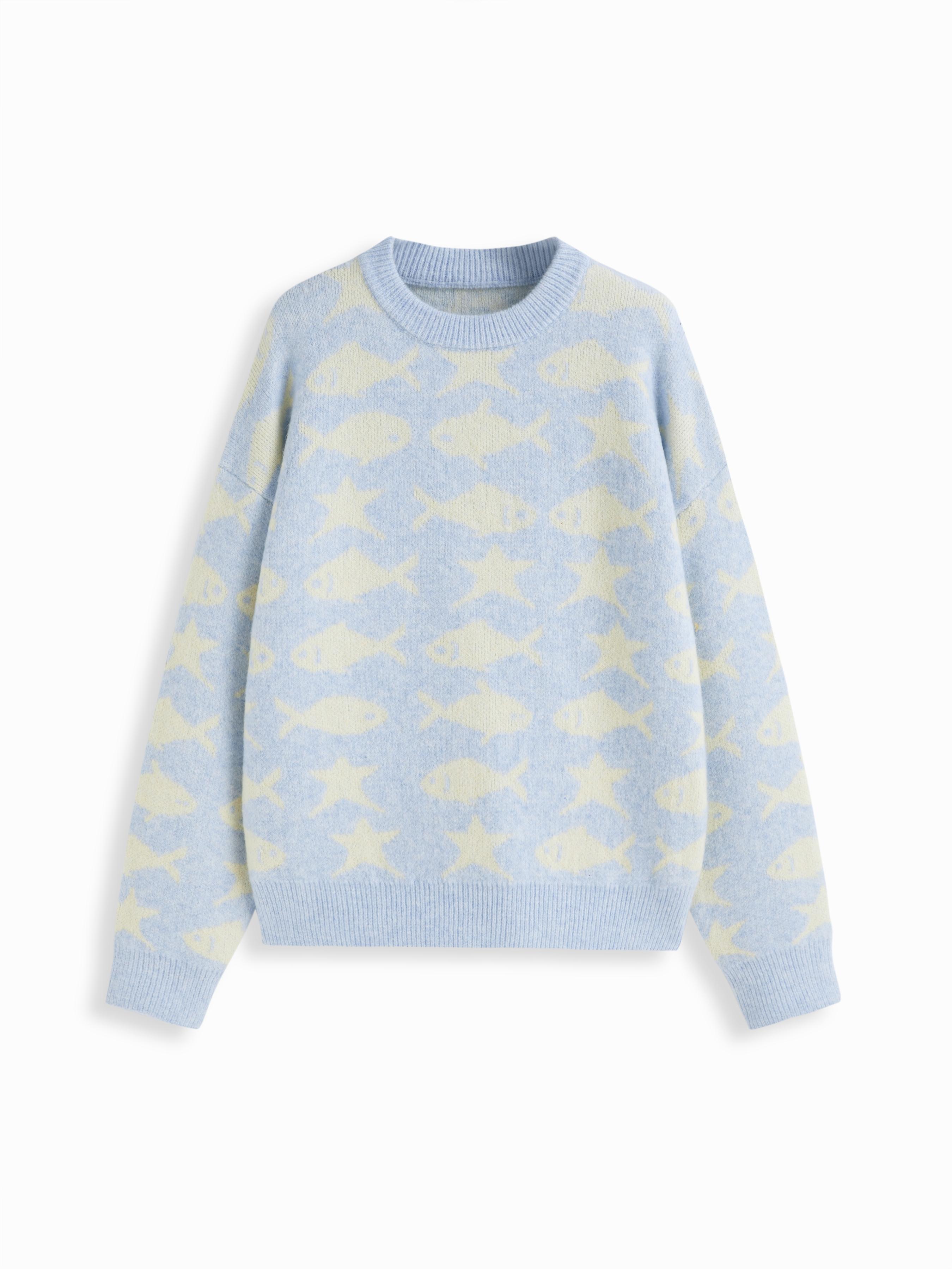 Knit Wool-blend Star & Fish Pattern Oversized Top by CIDER