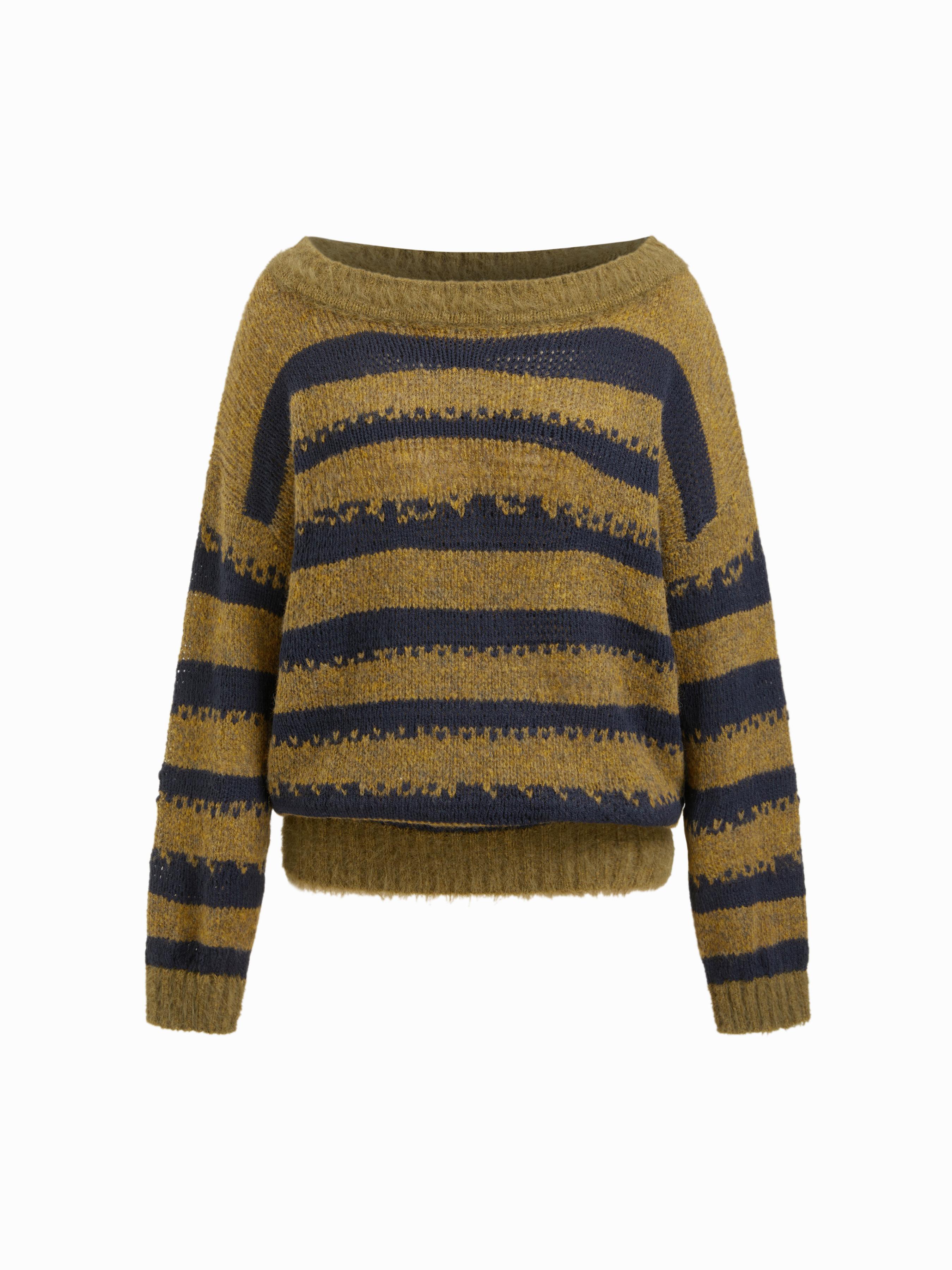 Knit Wool-blend Striped Asymmetrical Neck Oversized Sweater by CIDER